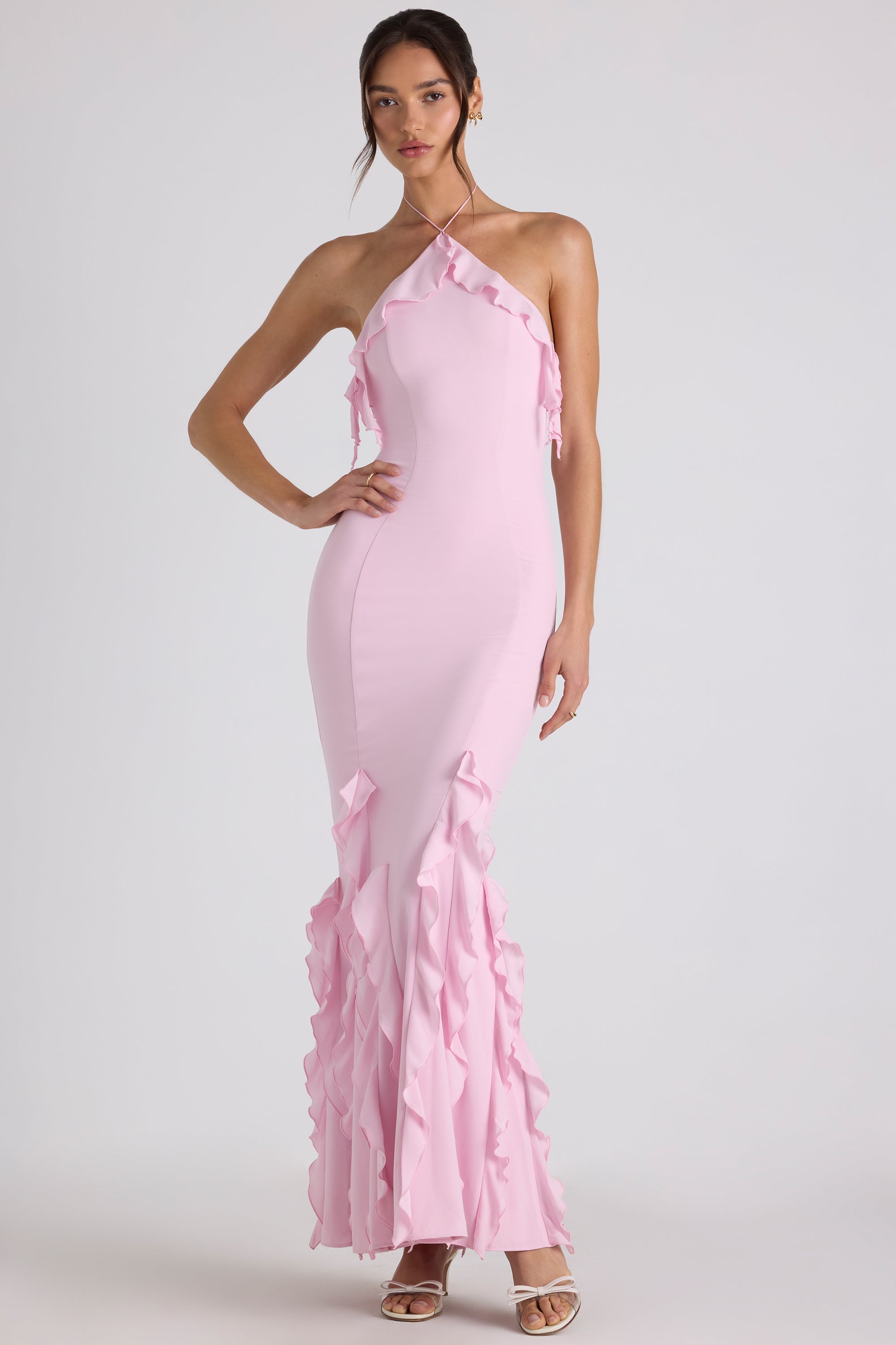 Mireya Ruffle-Trim Halterneck Gown in Soft Pink - Image 5