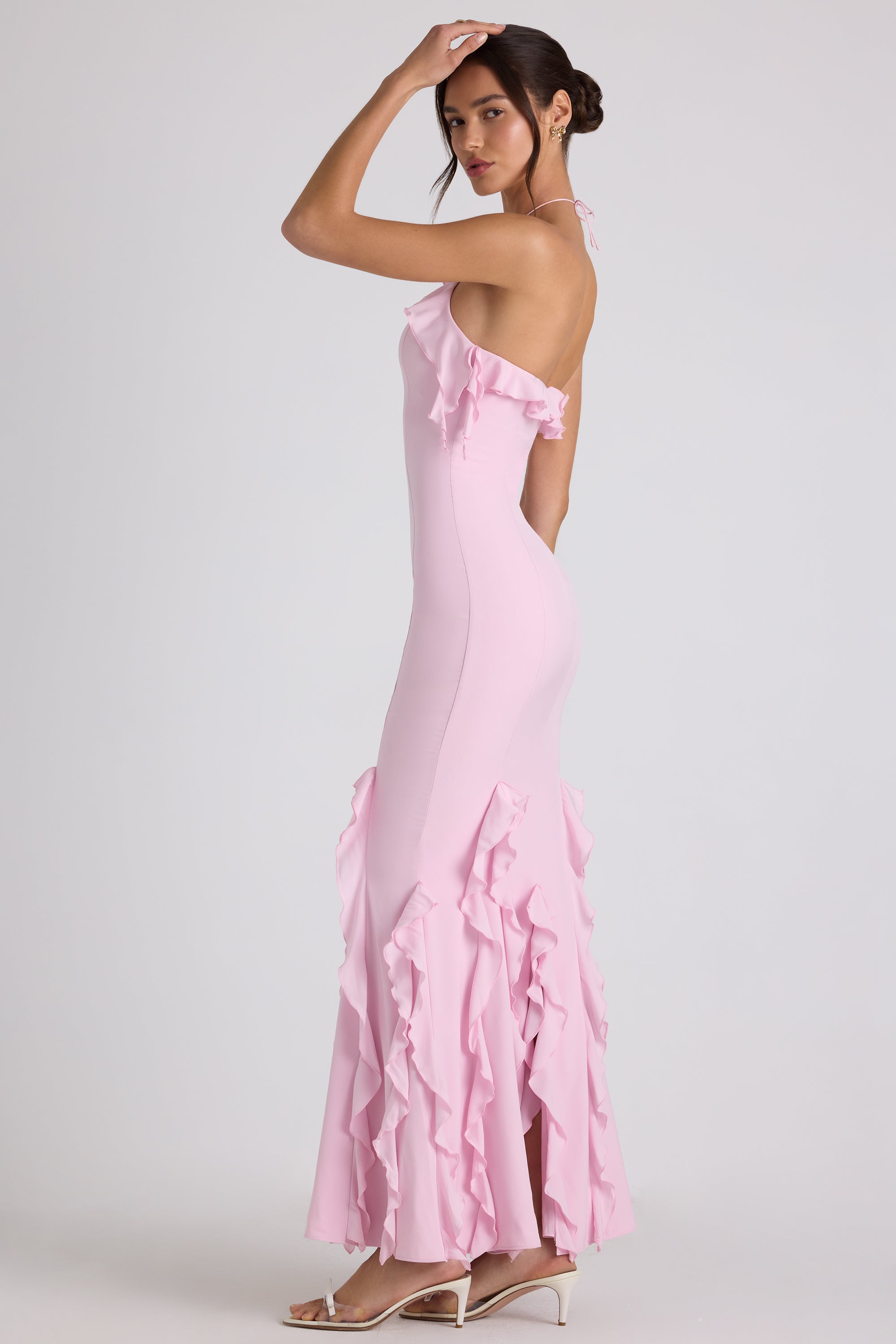 Mireya Ruffle-Trim Halterneck Gown in Soft Pink - Image 3