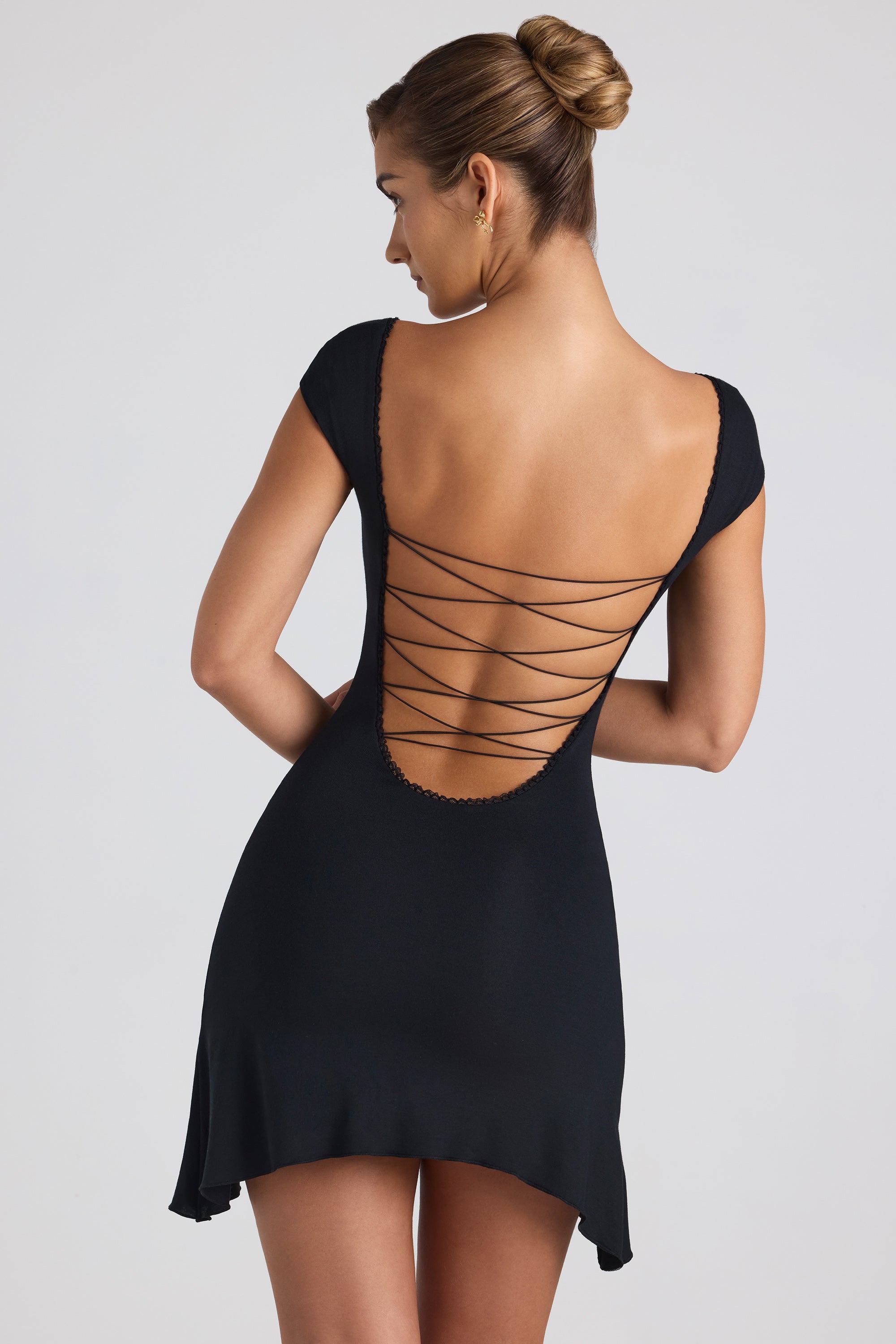 Joss Modal Asymmetric Lace-Up A-Line Mini Dress in Black - Image 2