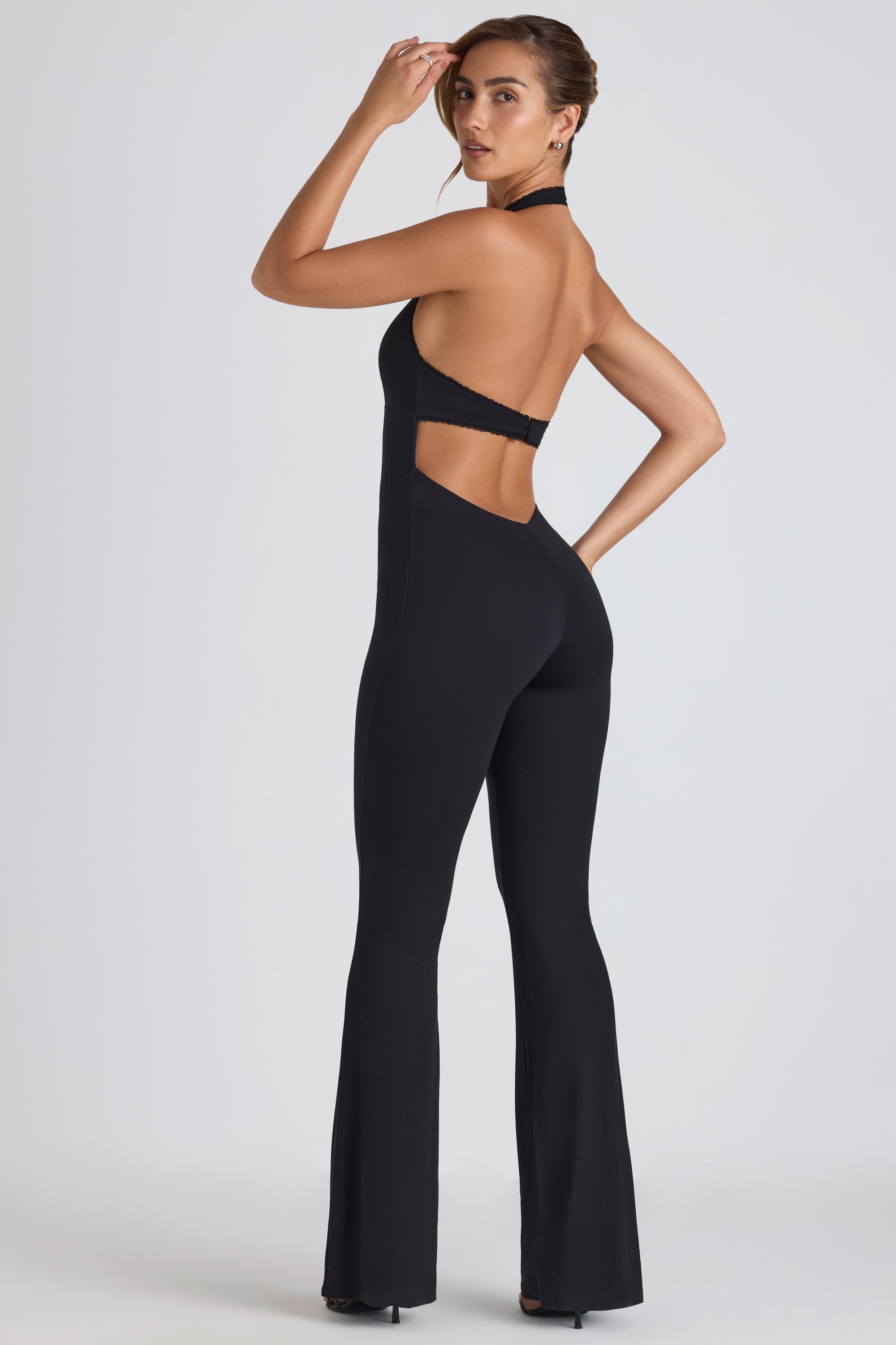 Pema Modal Lace-Trim Cut-Out Flared Jumpsuit in Black