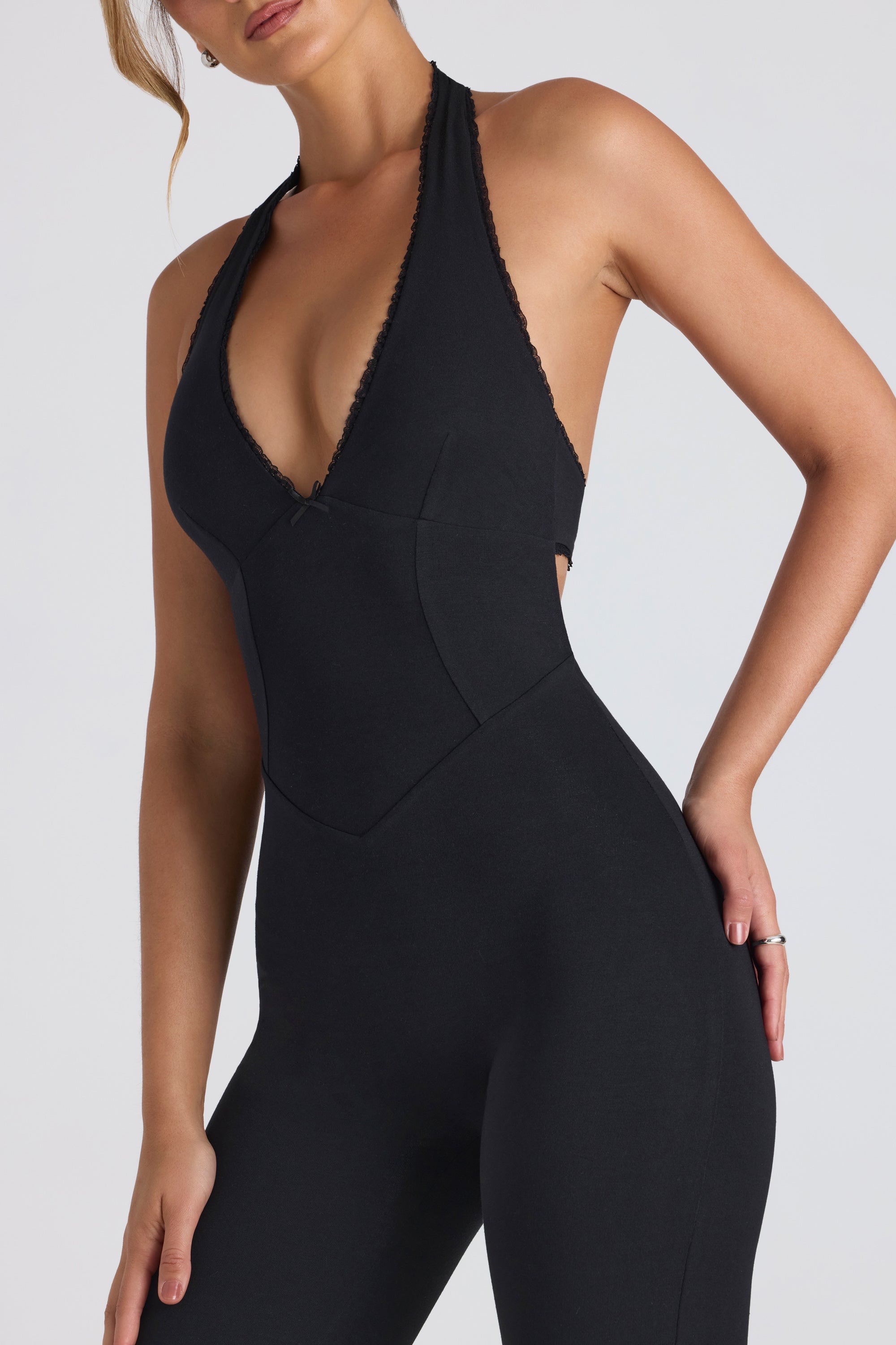 Pema Modal Lace-Trim Cut-Out Flared Jumpsuit in Black - Image 4