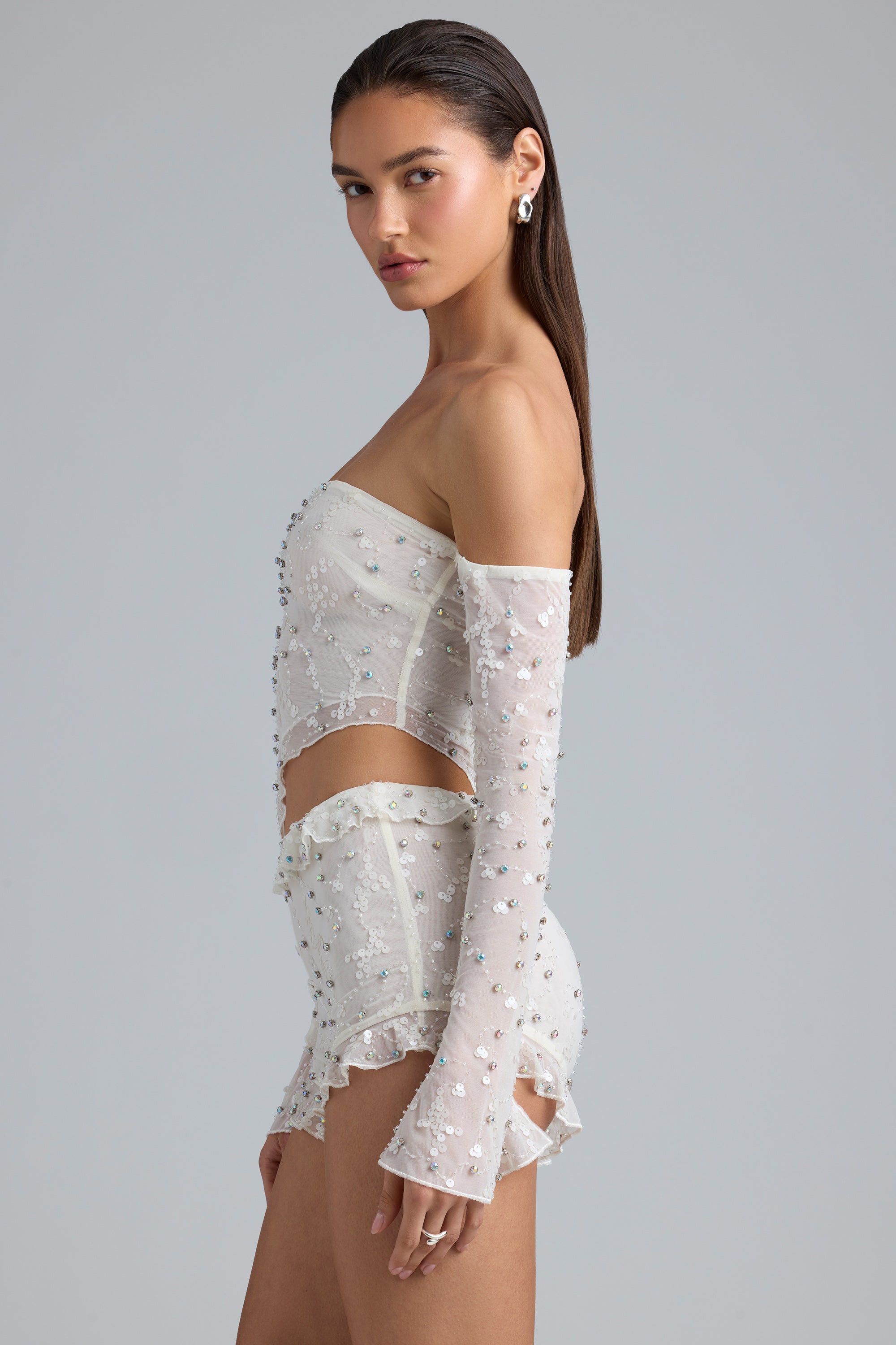 Demi Ruched Ruffle Asymmetric Top in Ivory - Image 3