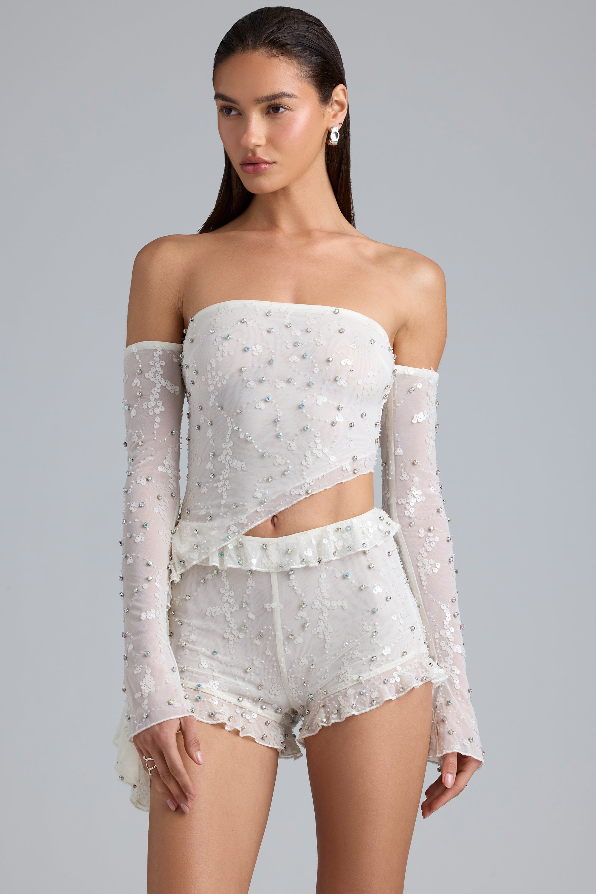 Demi Ruched Ruffle Asymmetric Top in Ivory - Image 6