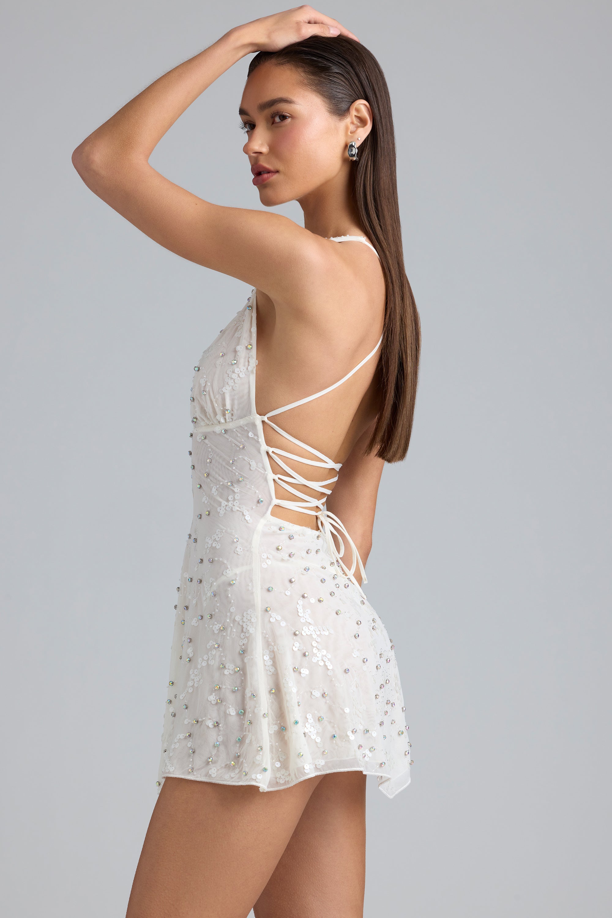Luna Embellished Multi-Strap Mini Dress in Ivory - Image 3