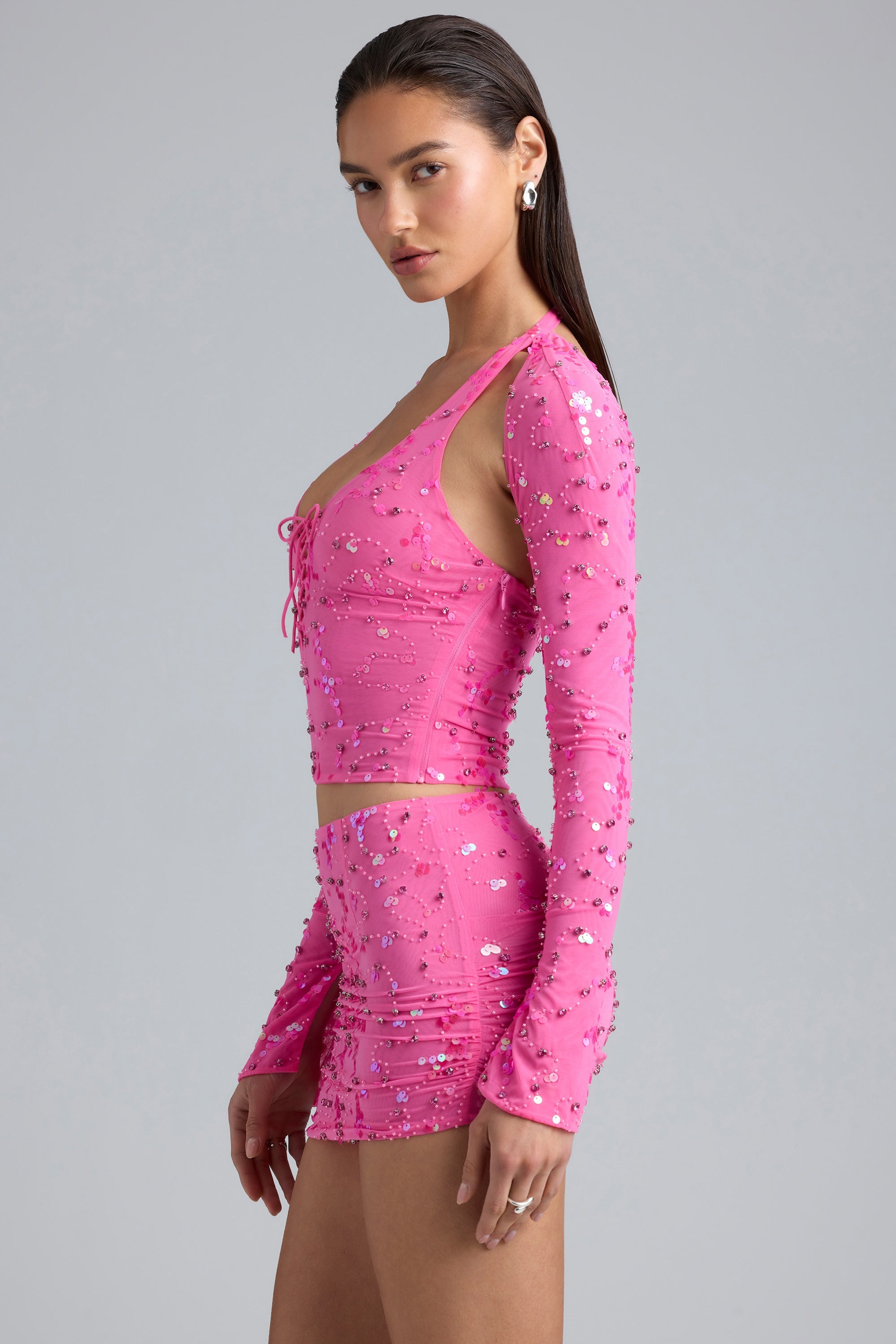 Willow Ruched Mid-Rise Micro Mini Skirt in Bubblegum Pink - Image 3