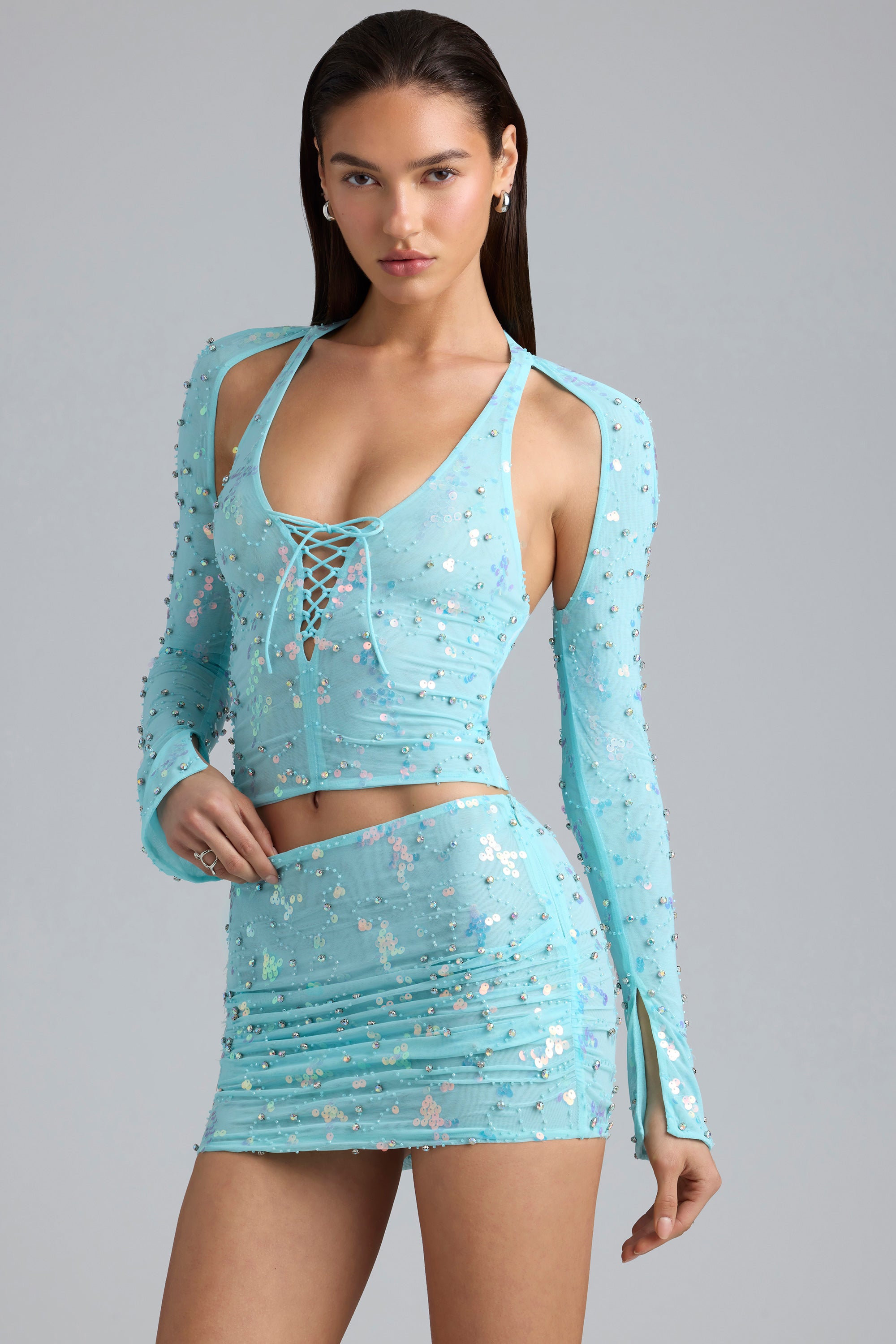 Liana Embellished Cut-Out Halterneck Top in Ice Blue