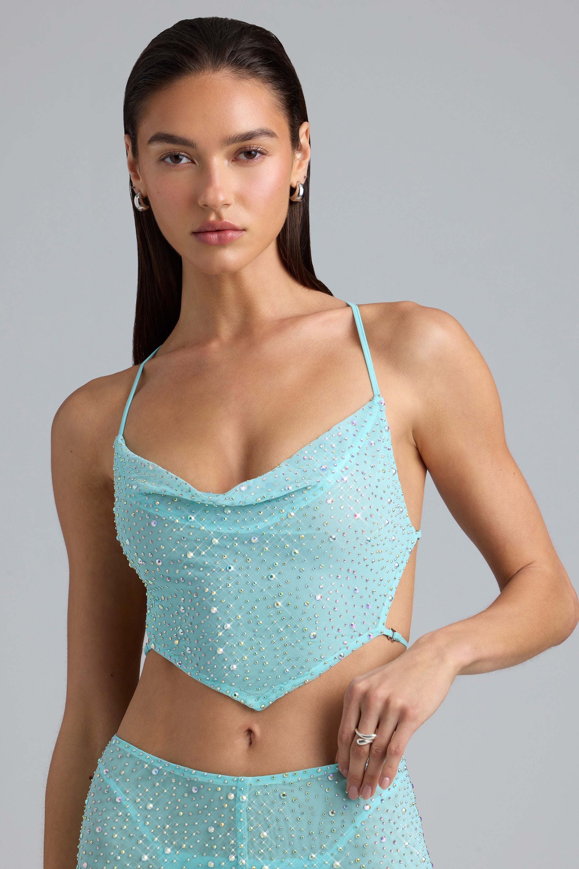 Skye Embellished Cowl-Neck Crop Top in Ice Blue - Image 6