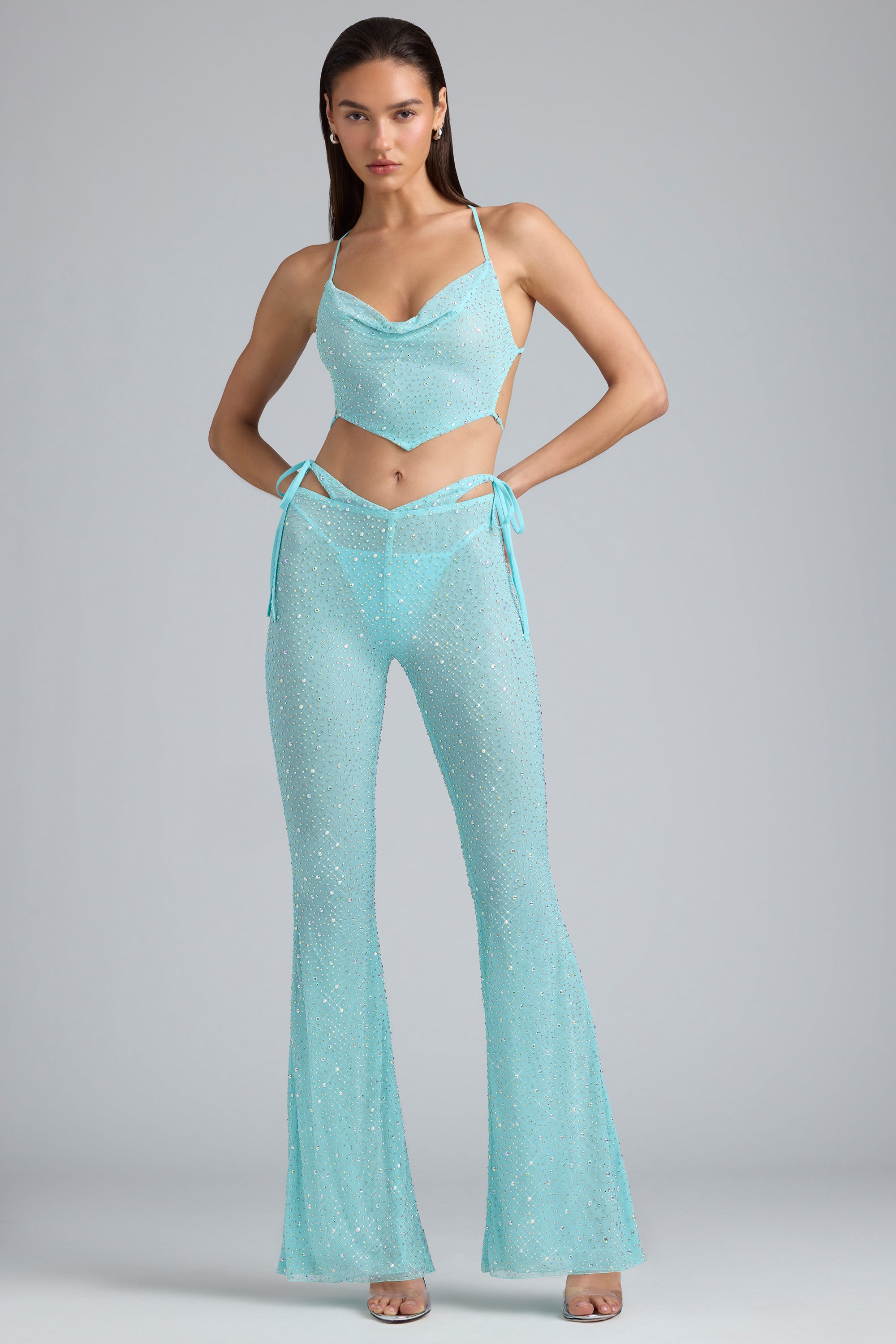 Ruby Embellished Cut-Out Flared Trousers in Ice Blue - Image 5