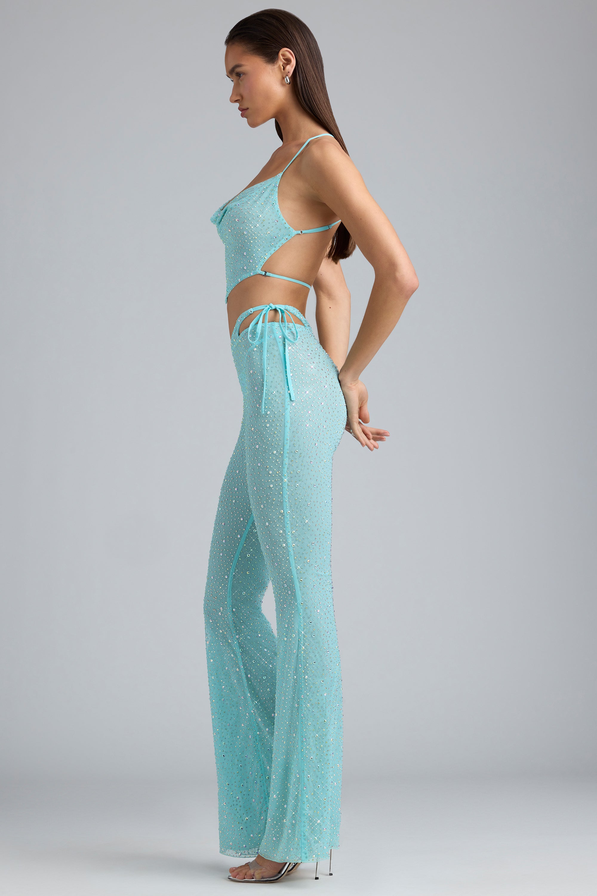 Ruby Embellished Cut-Out Flared Trousers in Ice Blue - Image 3
