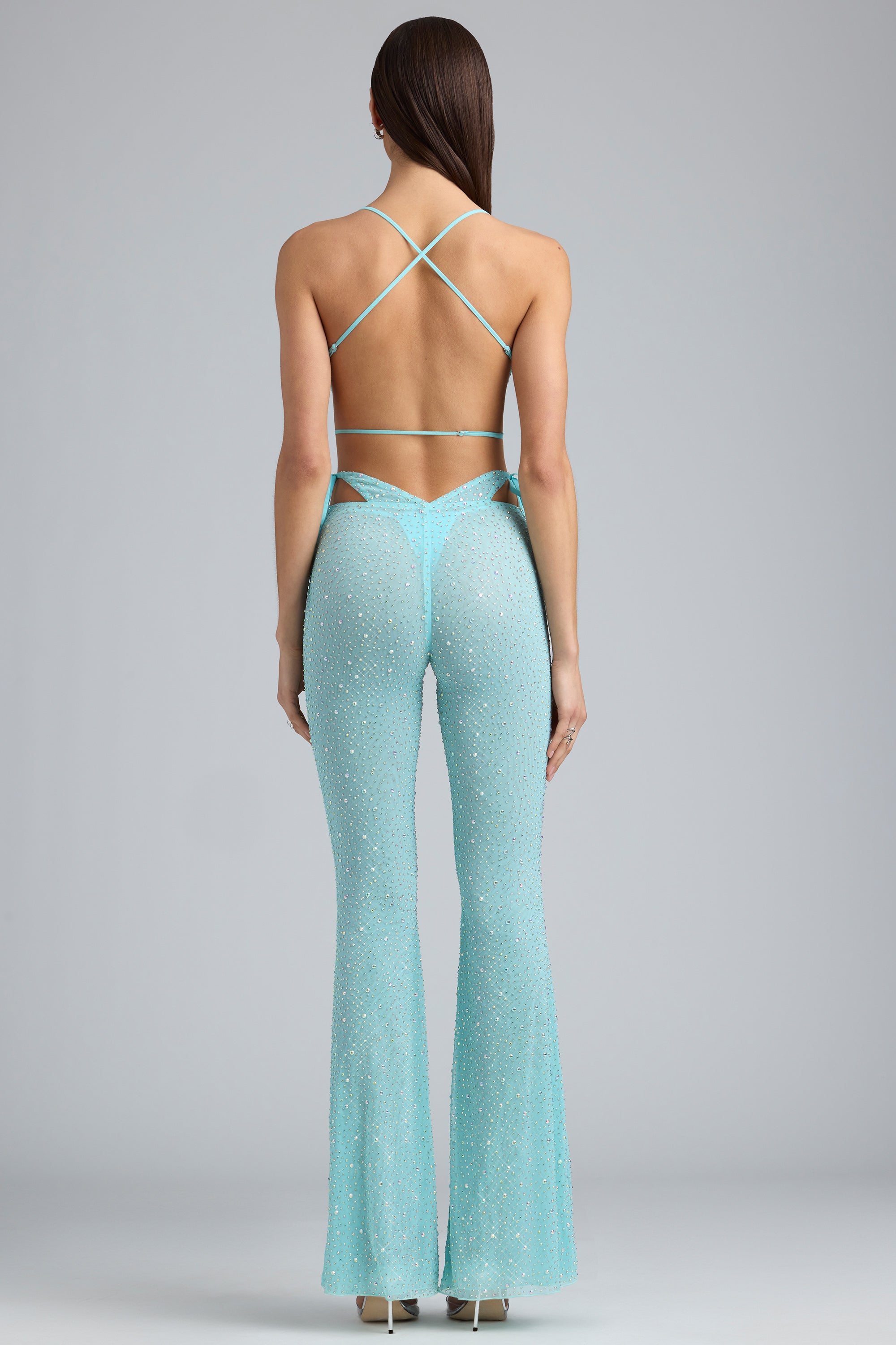 Ruby Embellished Cut-Out Flared Trousers in Ice Blue - Image 2