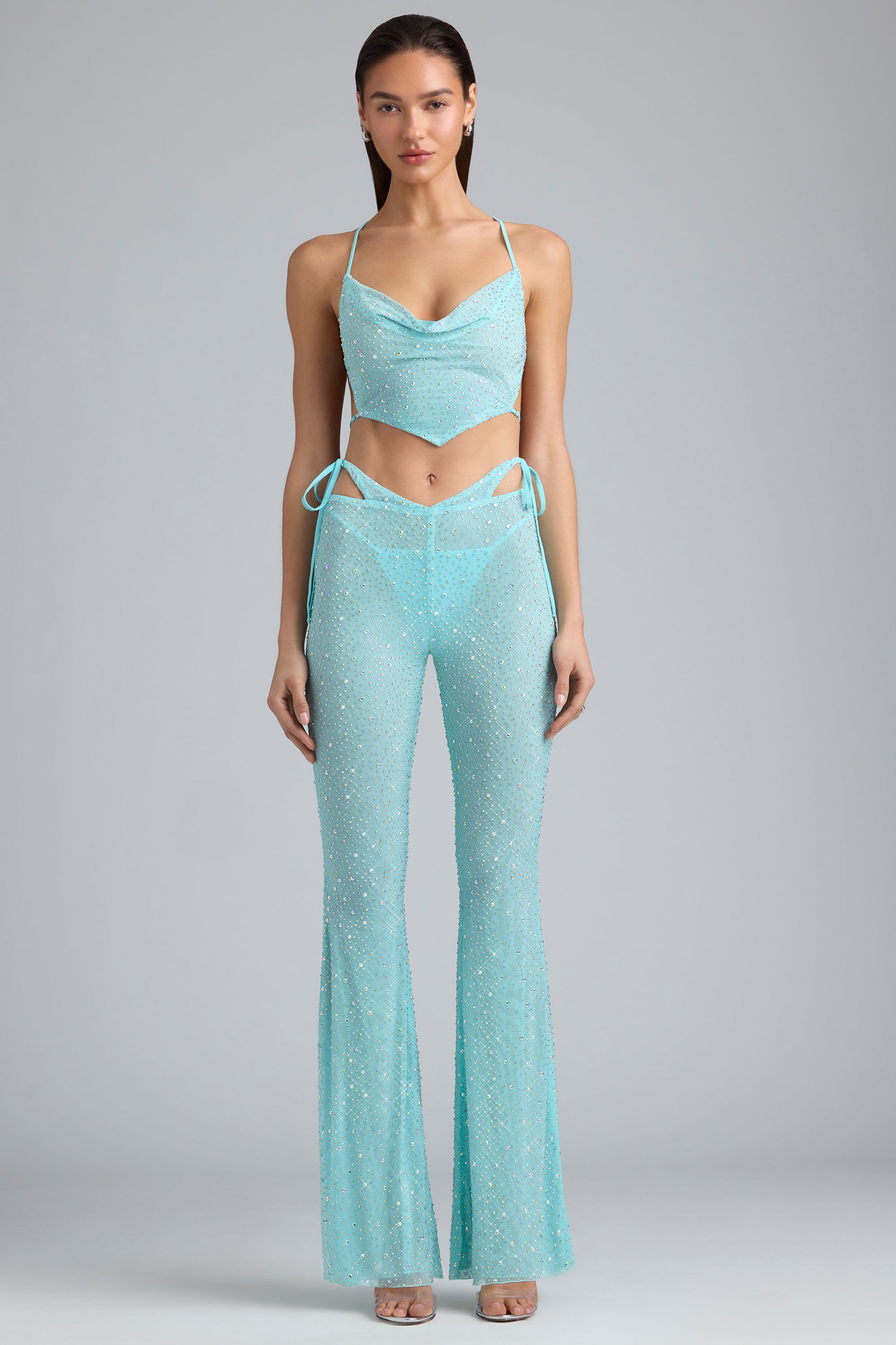 Ruby Embellished Cut-Out Flared Trousers in Ice Blue - Image 6