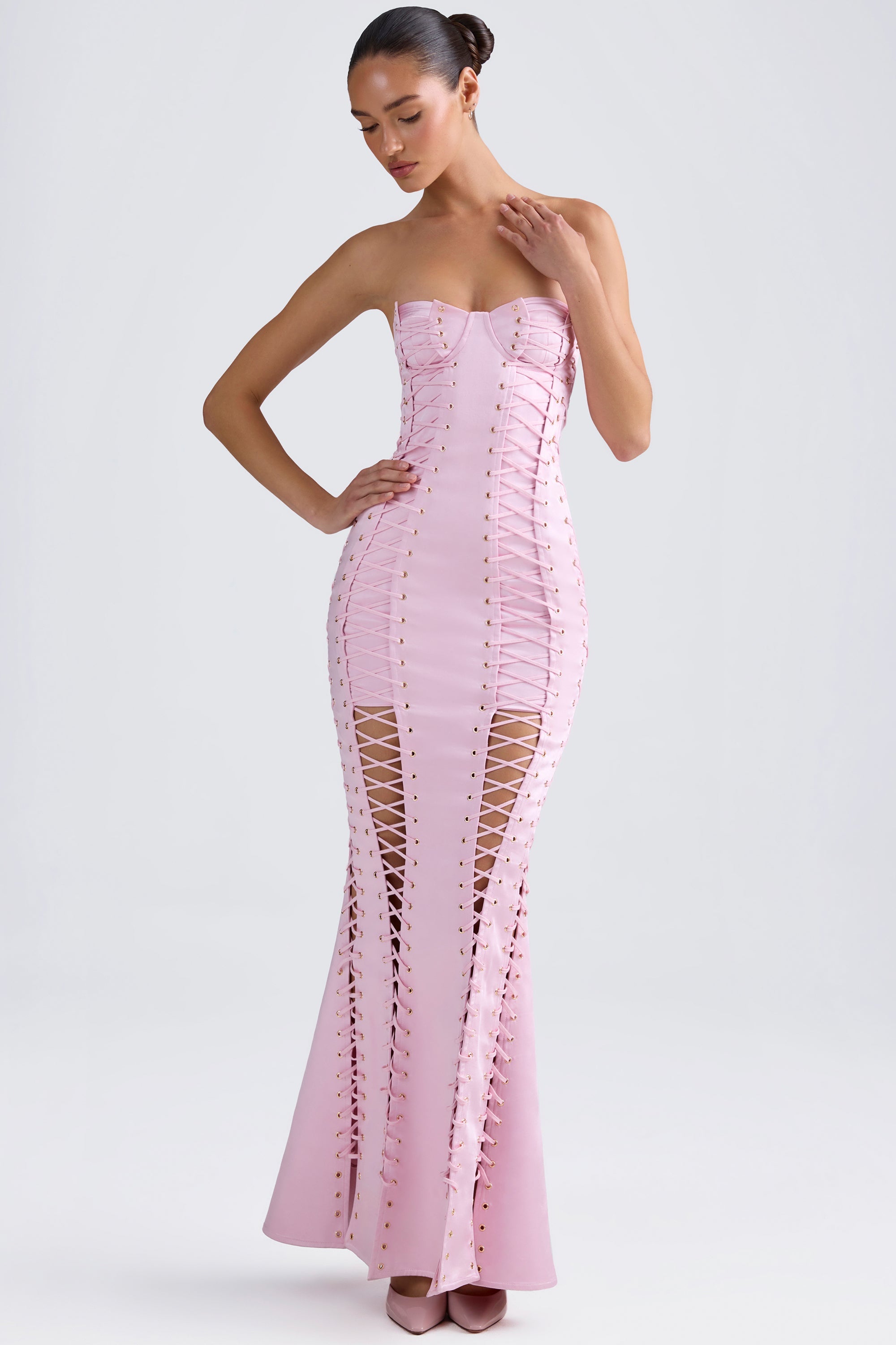 Callidora Lace-Up Corset Gown in Light Pink - Image 6