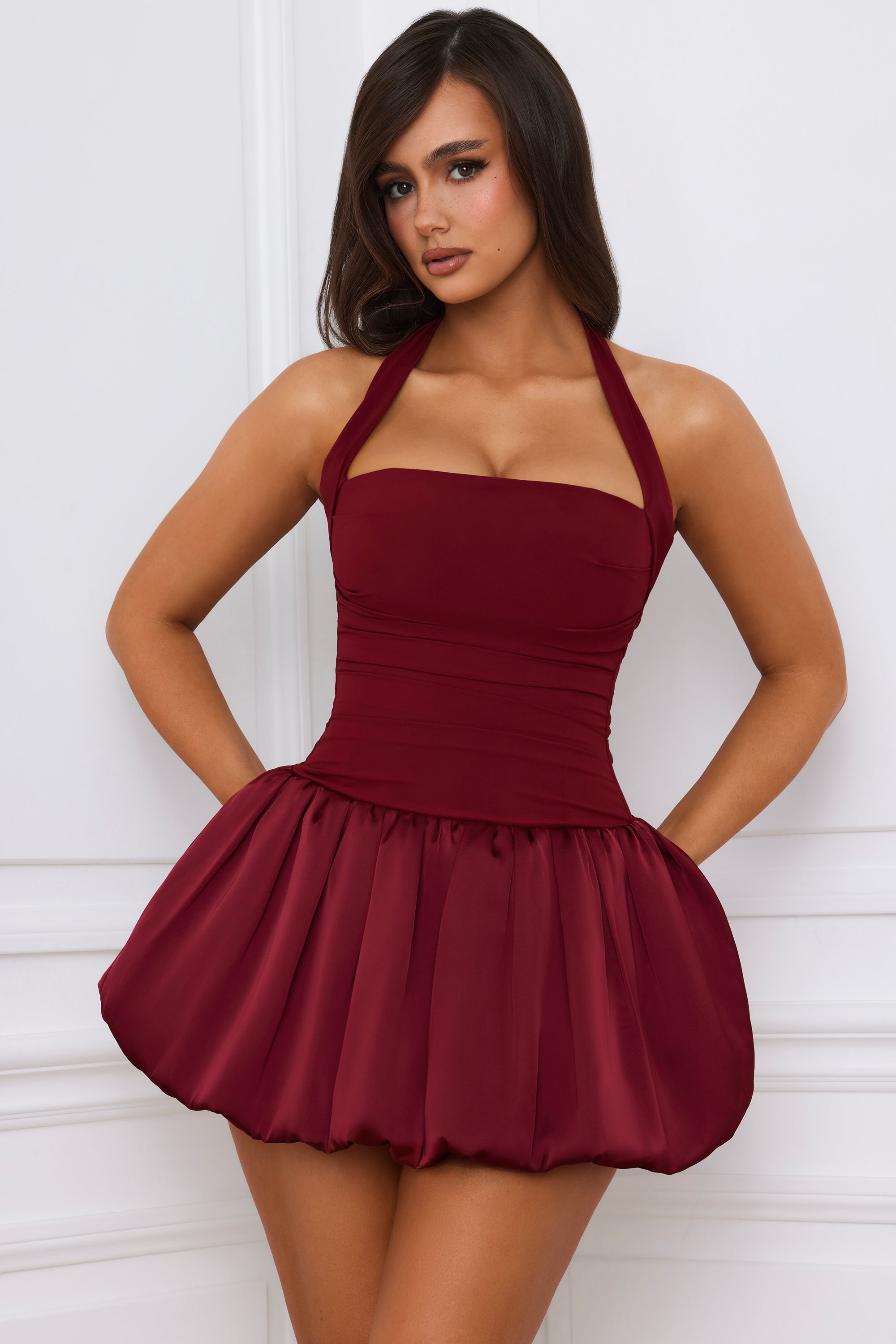 Ludmila Halterneck Lace-Up Bubble Hem Corset Micro Mini Dress in Berry Red - Image 7