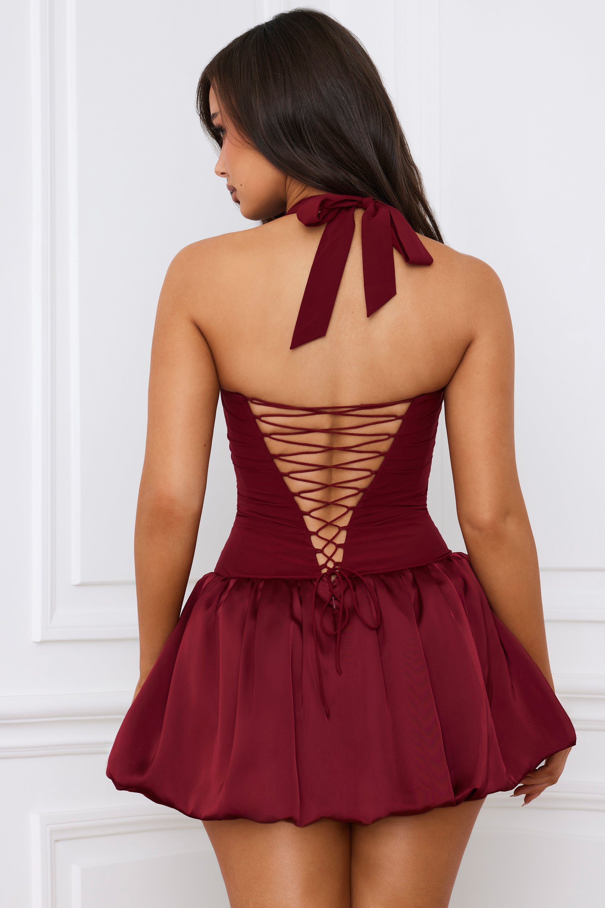 Ludmila Halterneck Lace-Up Bubble Hem Corset Micro Mini Dress in Berry Red - Image 3