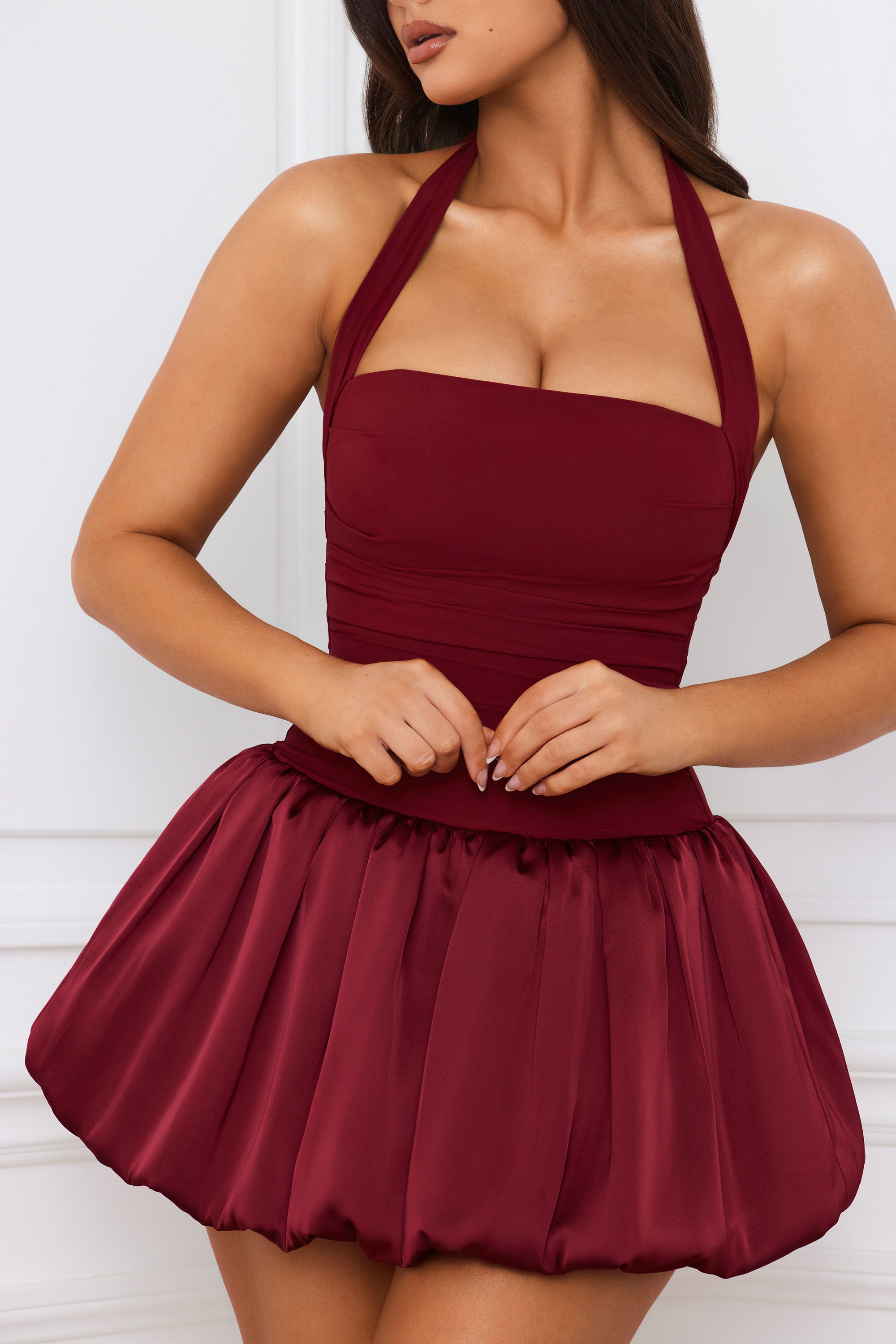 Ludmila Halterneck Lace-Up Bubble Hem Corset Micro Mini Dress in Berry Red - Image 5