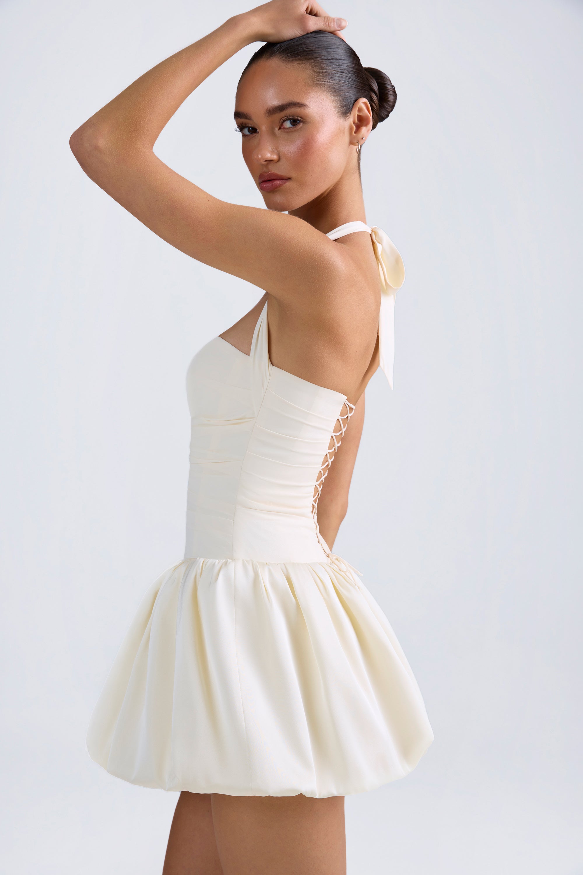 Ludmila Halterneck Lace-Up Bubble Hem Corset Micro Mini Dress in Ivory - Image 7