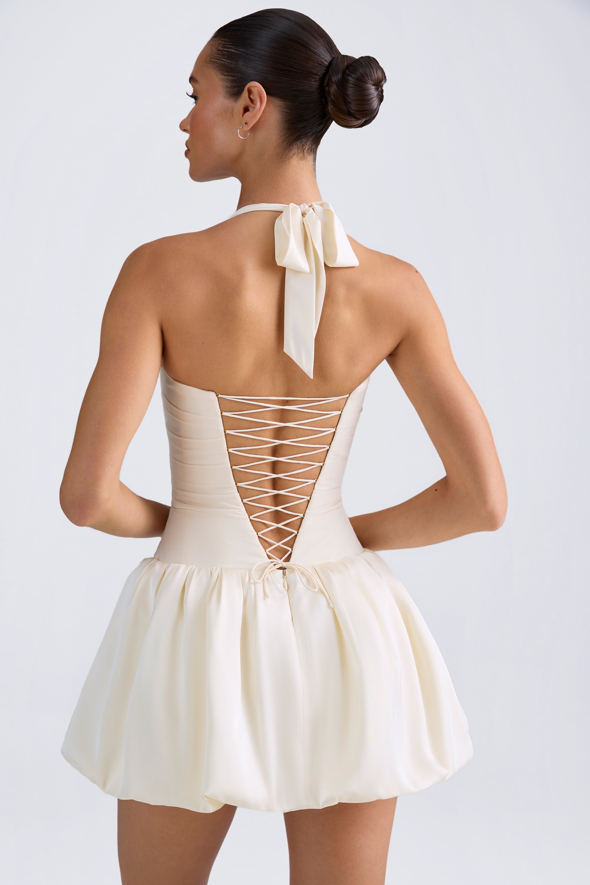 Ludmila Halterneck Lace-Up Bubble Hem Corset Micro Mini Dress in Ivory - Image 2