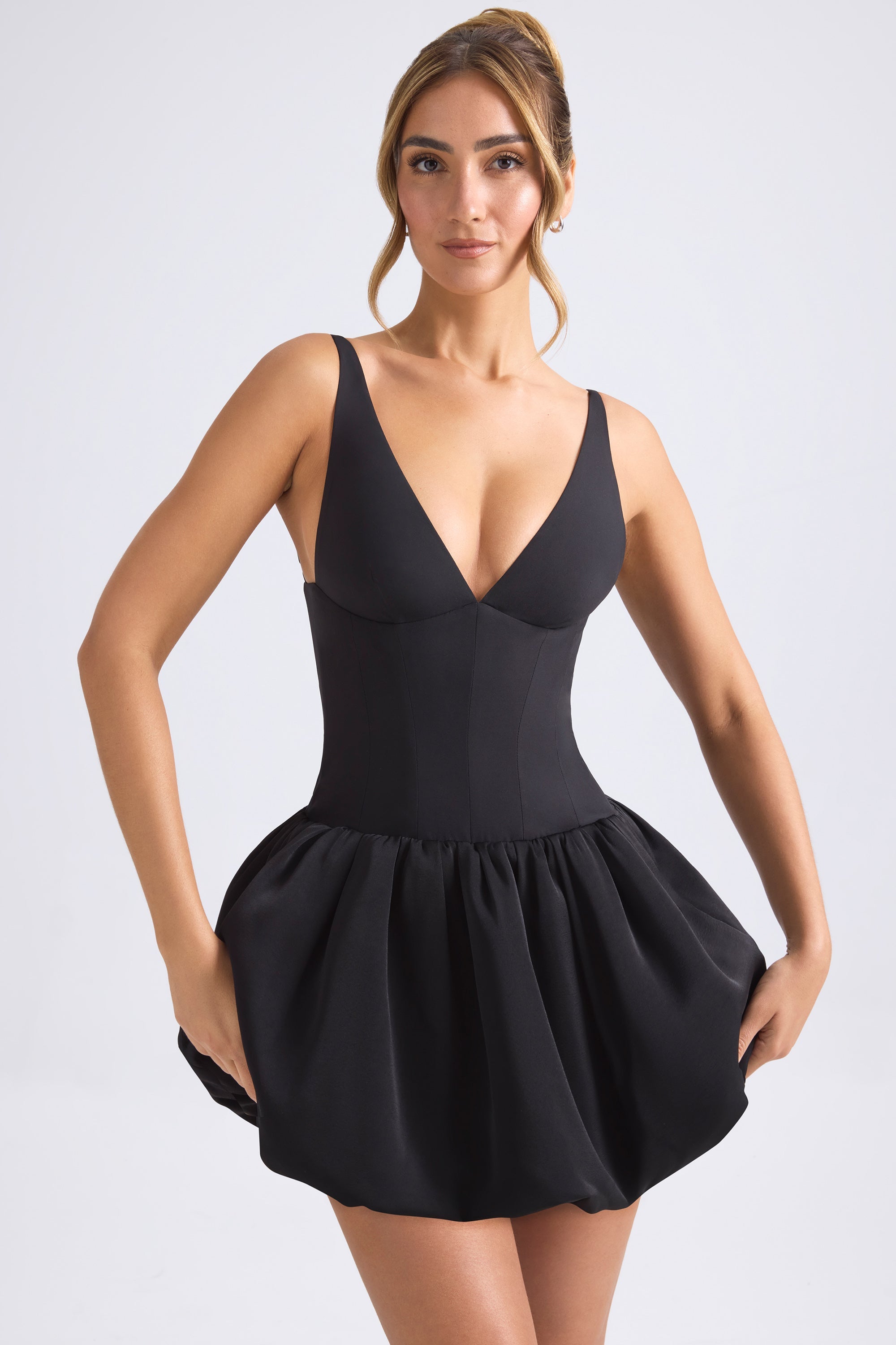 Anahita Lace-Up Bubble Hem Corset Micro Mini Dress in Black - Image 6