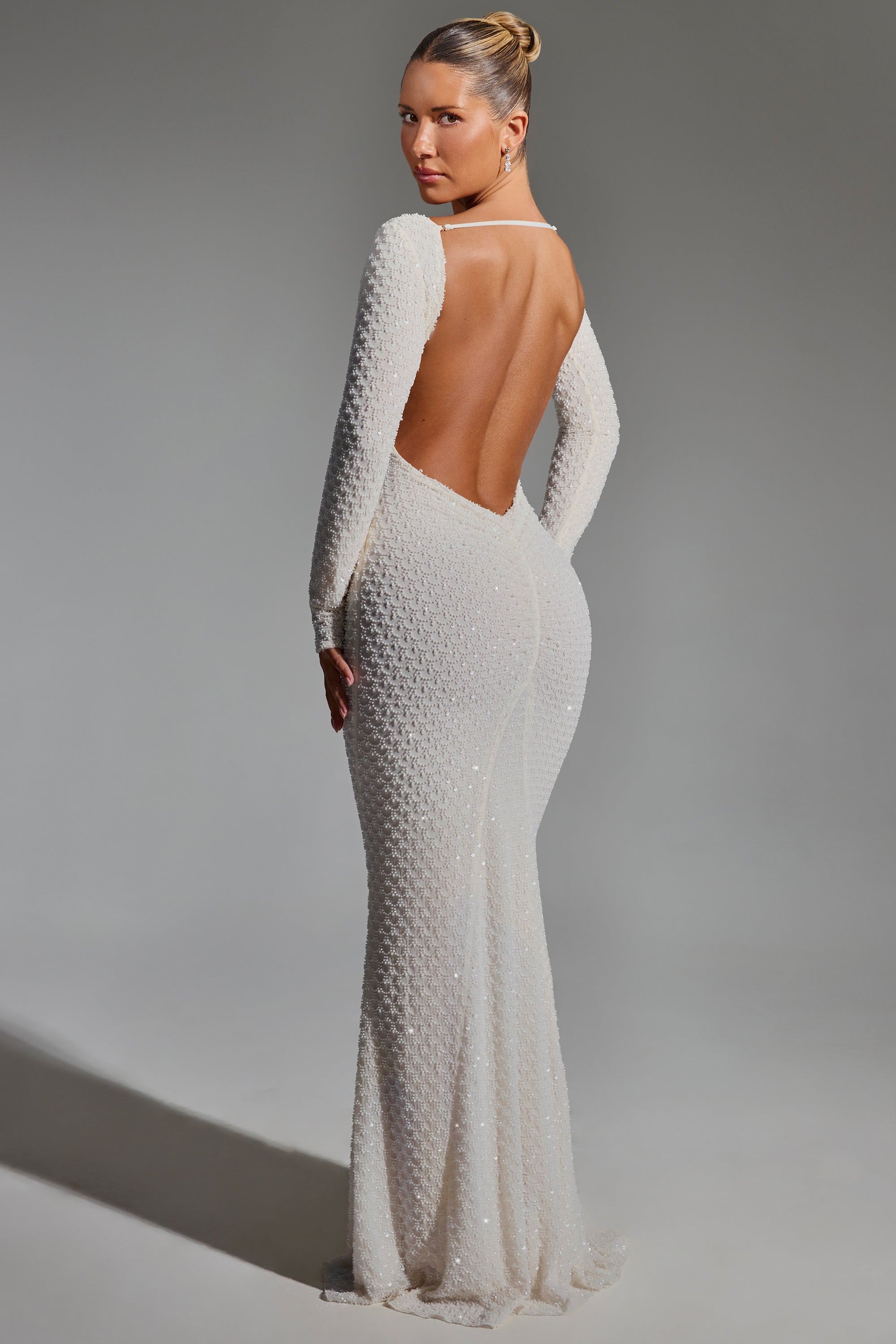 Jailene Embellished Open-Back Gown in White