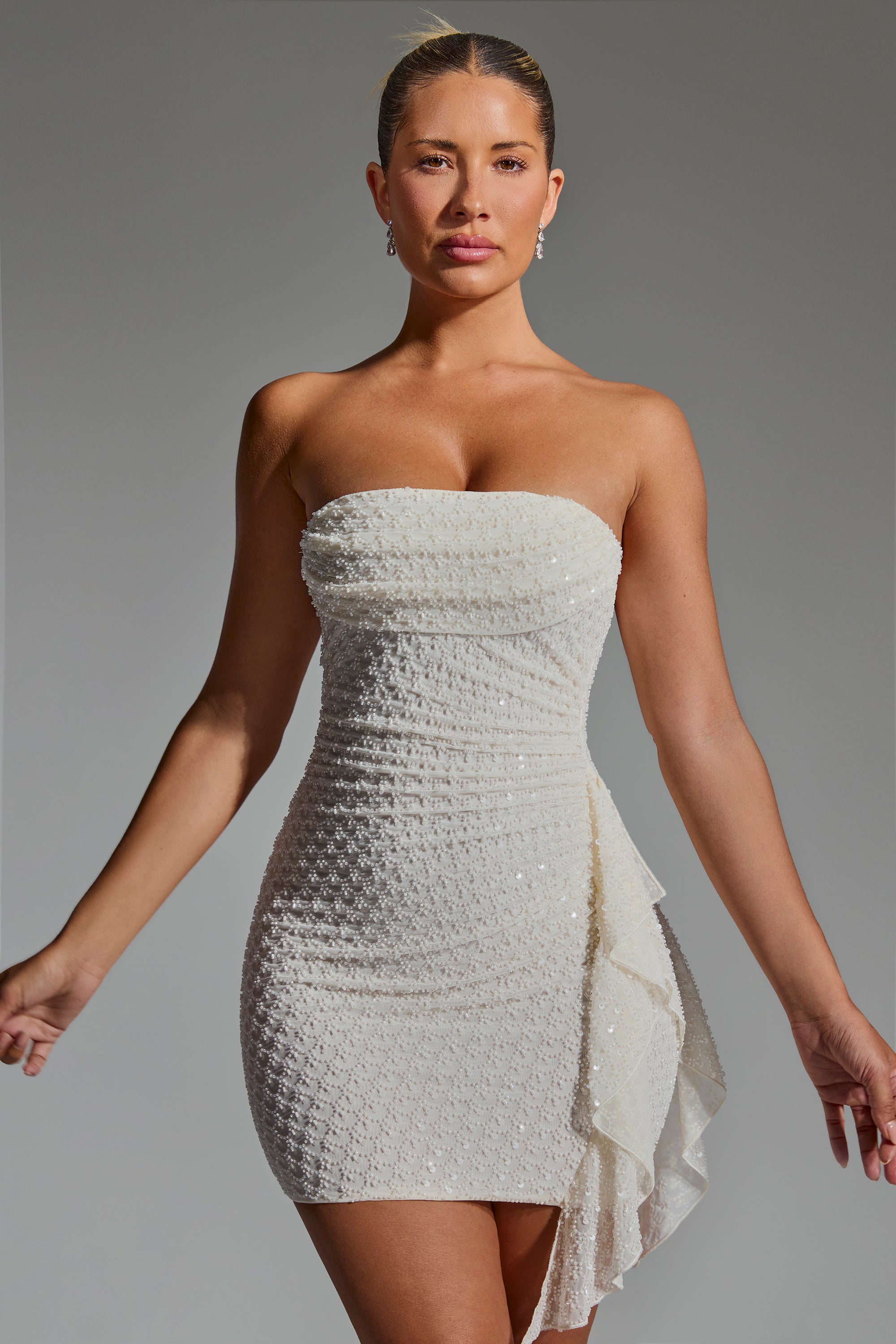 Ariavela Embellished Ruffled Cowl-Neck Bandeau Mini Dress in White