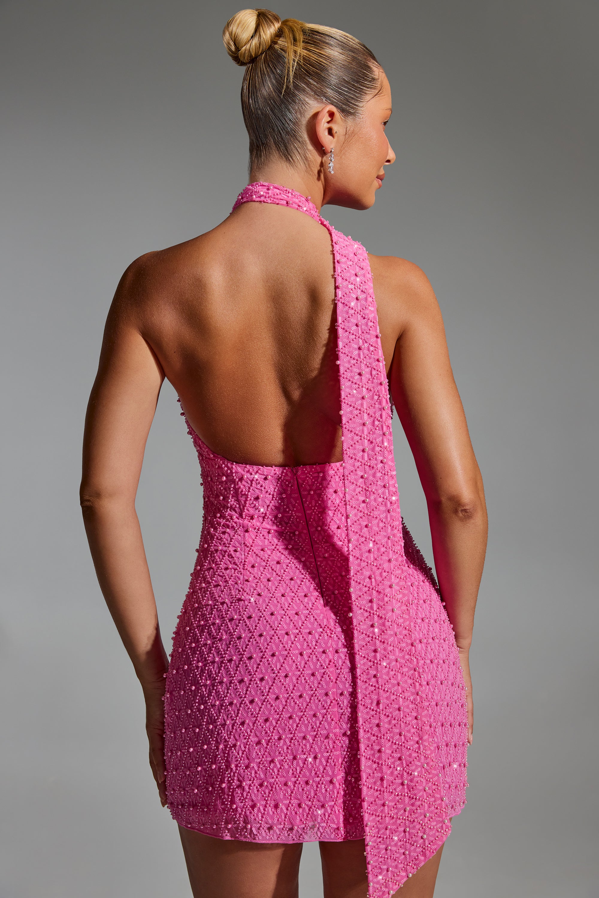 Henrietta Embellished Scarf-Detail Halterneck Mini Dress in Hot Pink - Image 2