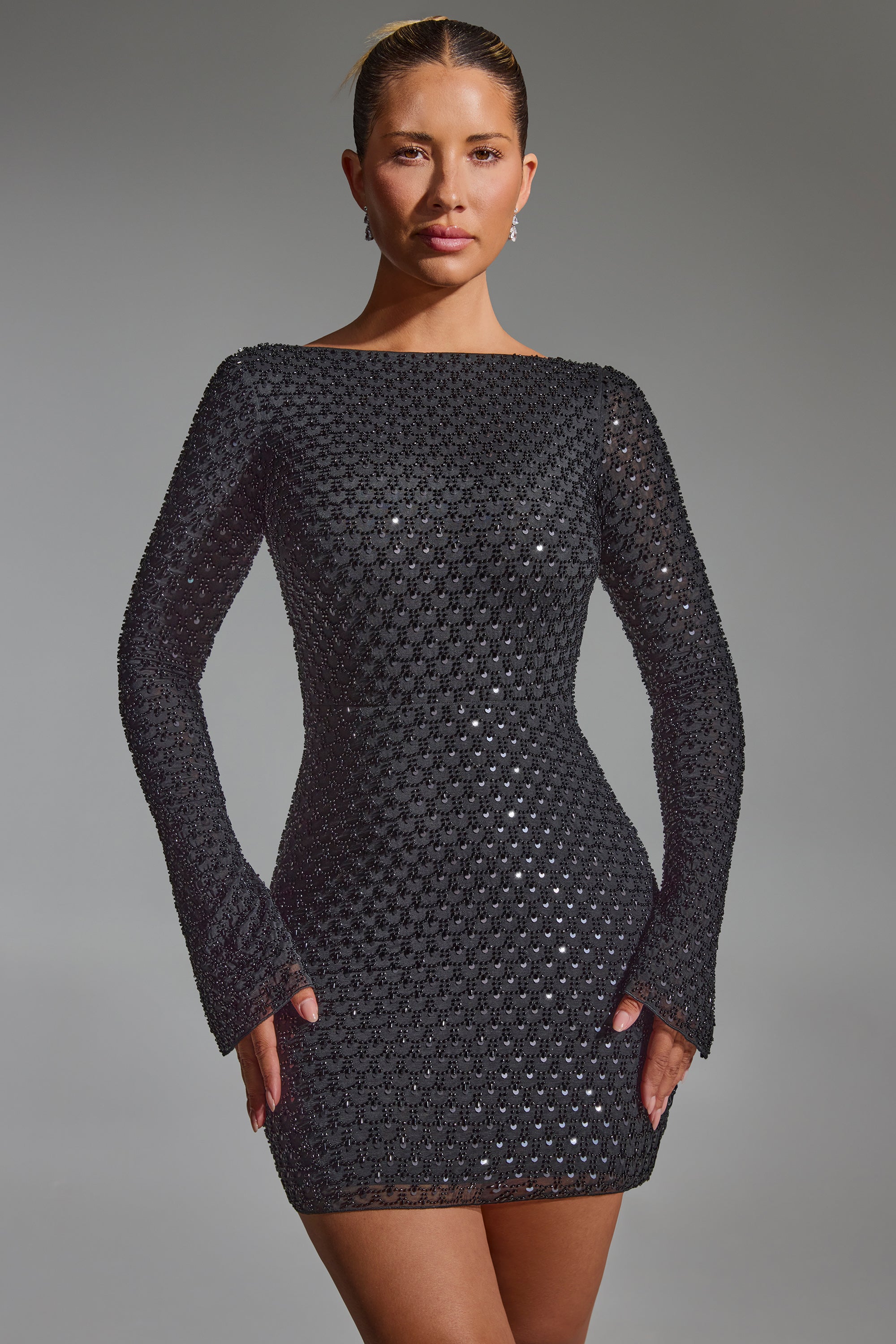 Grazina Embellished Open-Back A-Line Mini Dress in Black - Image 5