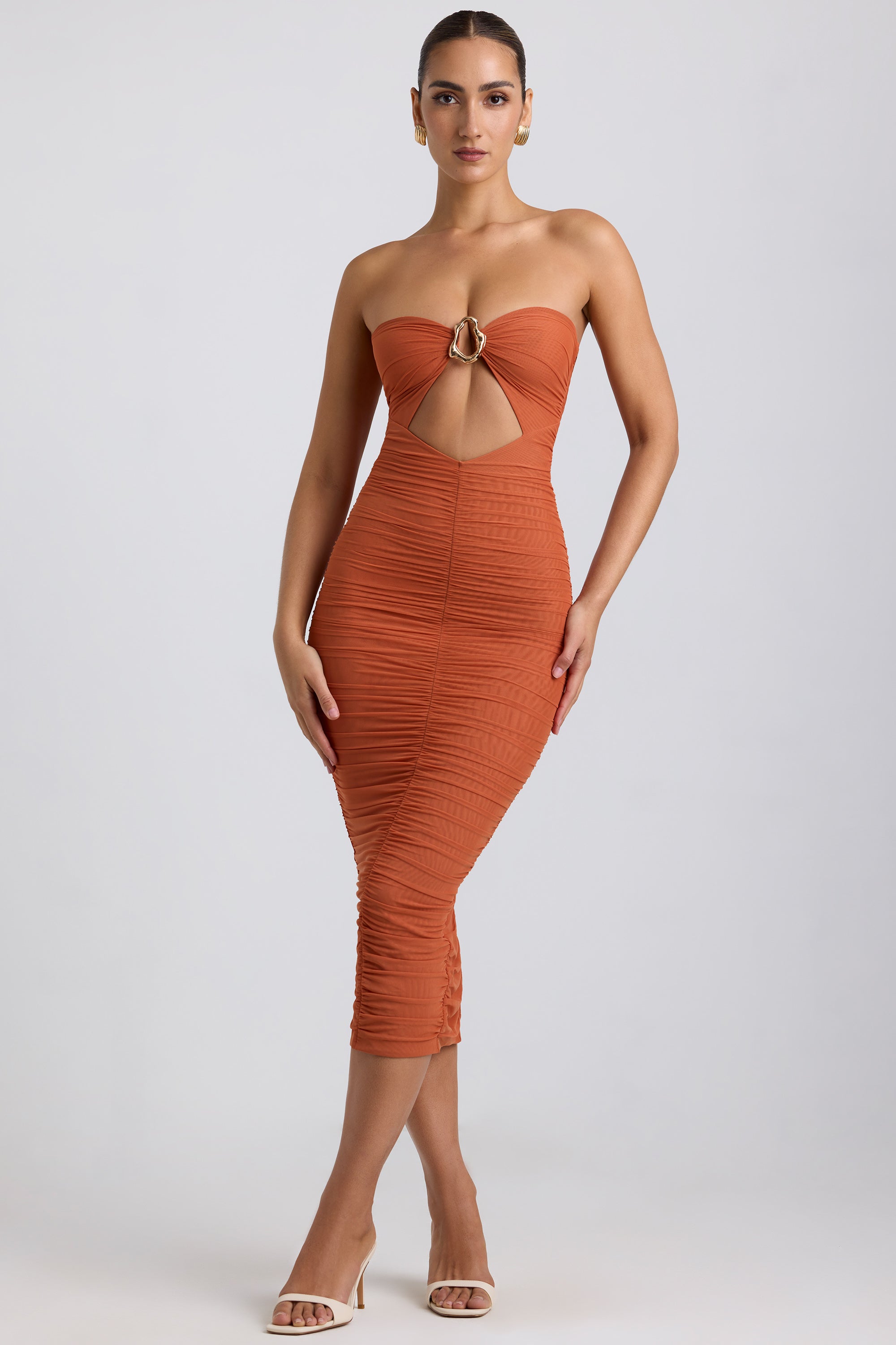 Bryanna Ruched Hardware Detail Strapless Midaxi Dress in Burnt Orange - Image 5