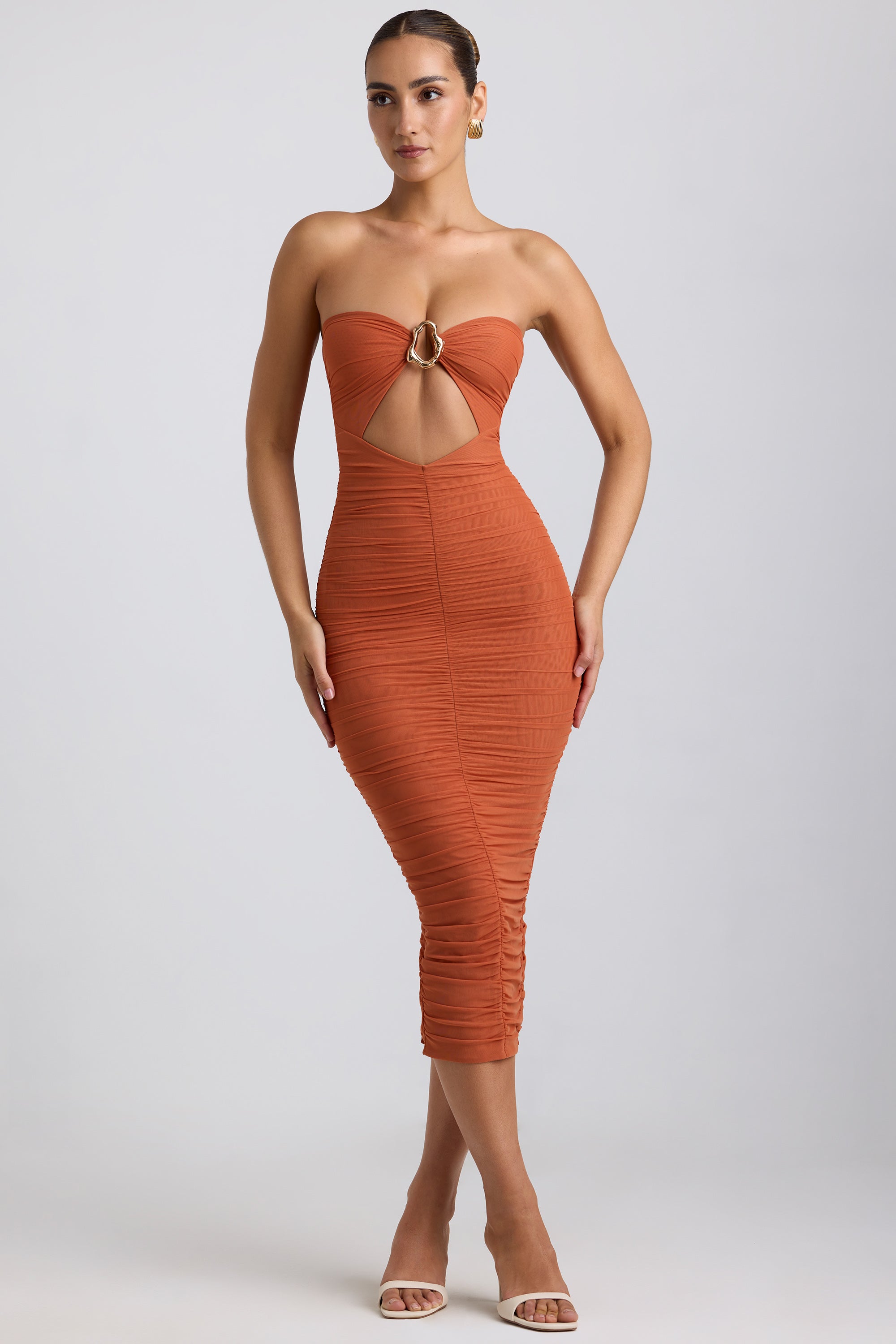 Bryanna Ruched Hardware Detail Strapless Midaxi Dress in Burnt Orange - Image 7