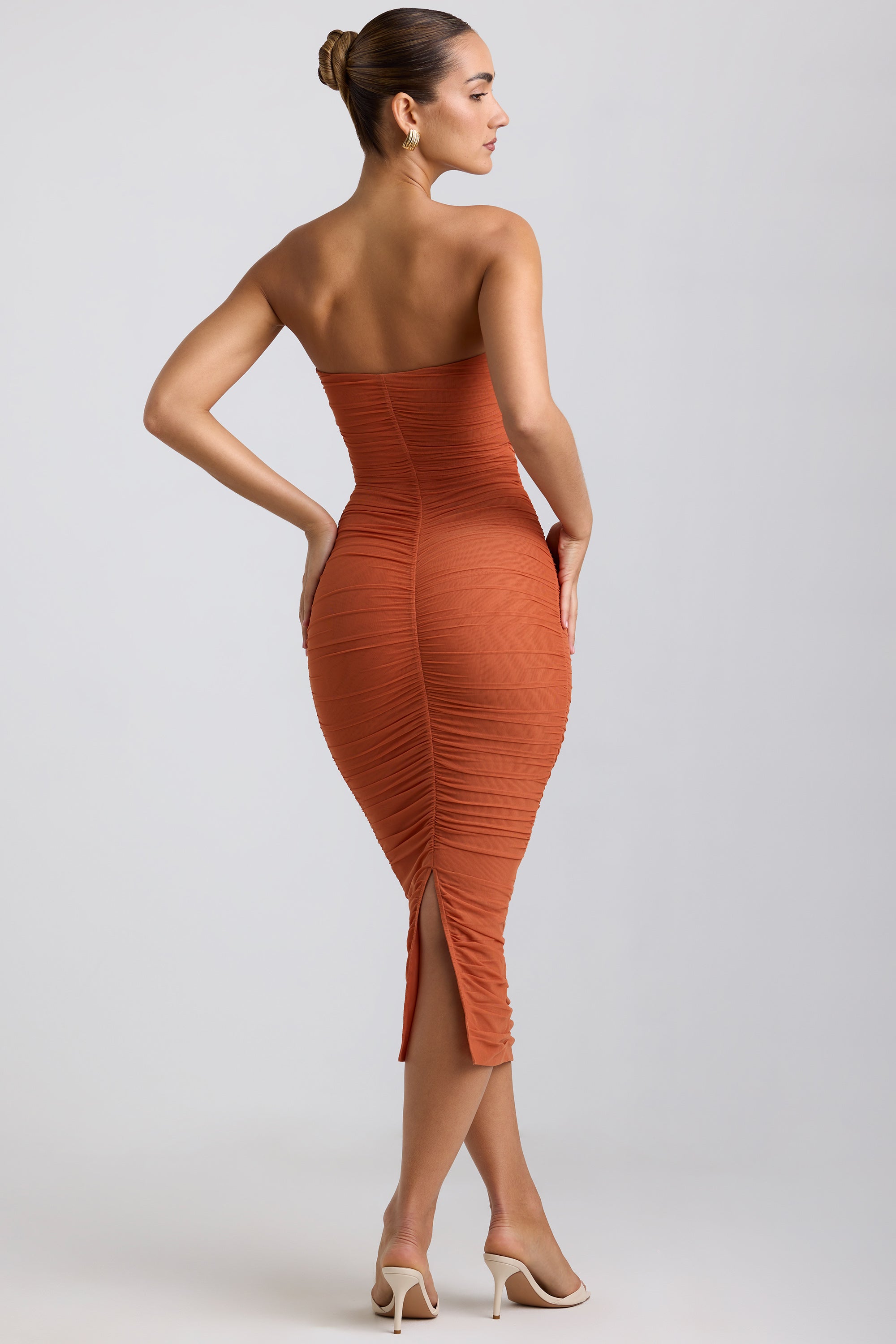 Bryanna Ruched Hardware Detail Strapless Midaxi Dress in Burnt Orange - Image 2