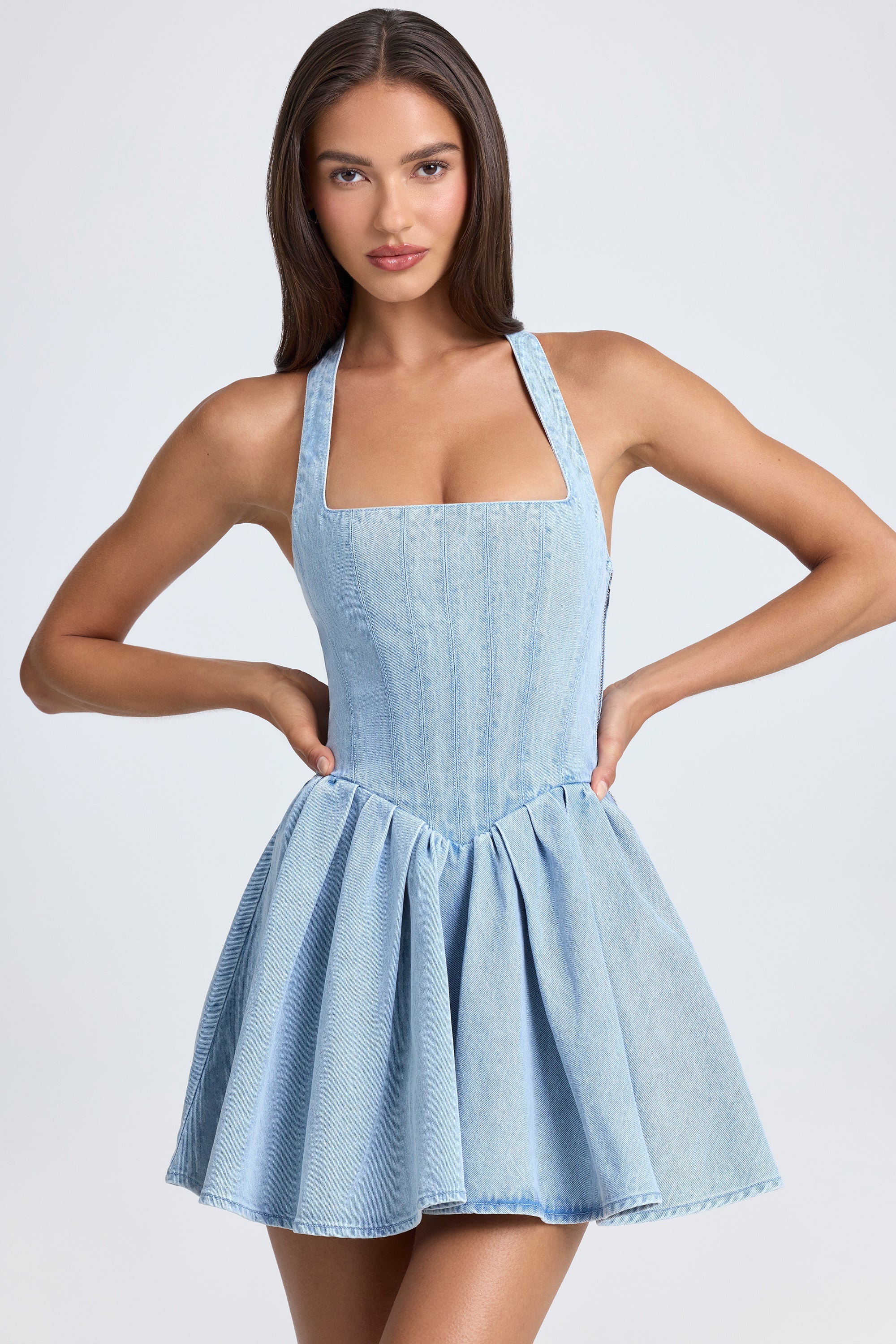Halterneck Corset Micro Mini Dress in Light Blue Stonewash - Image 6