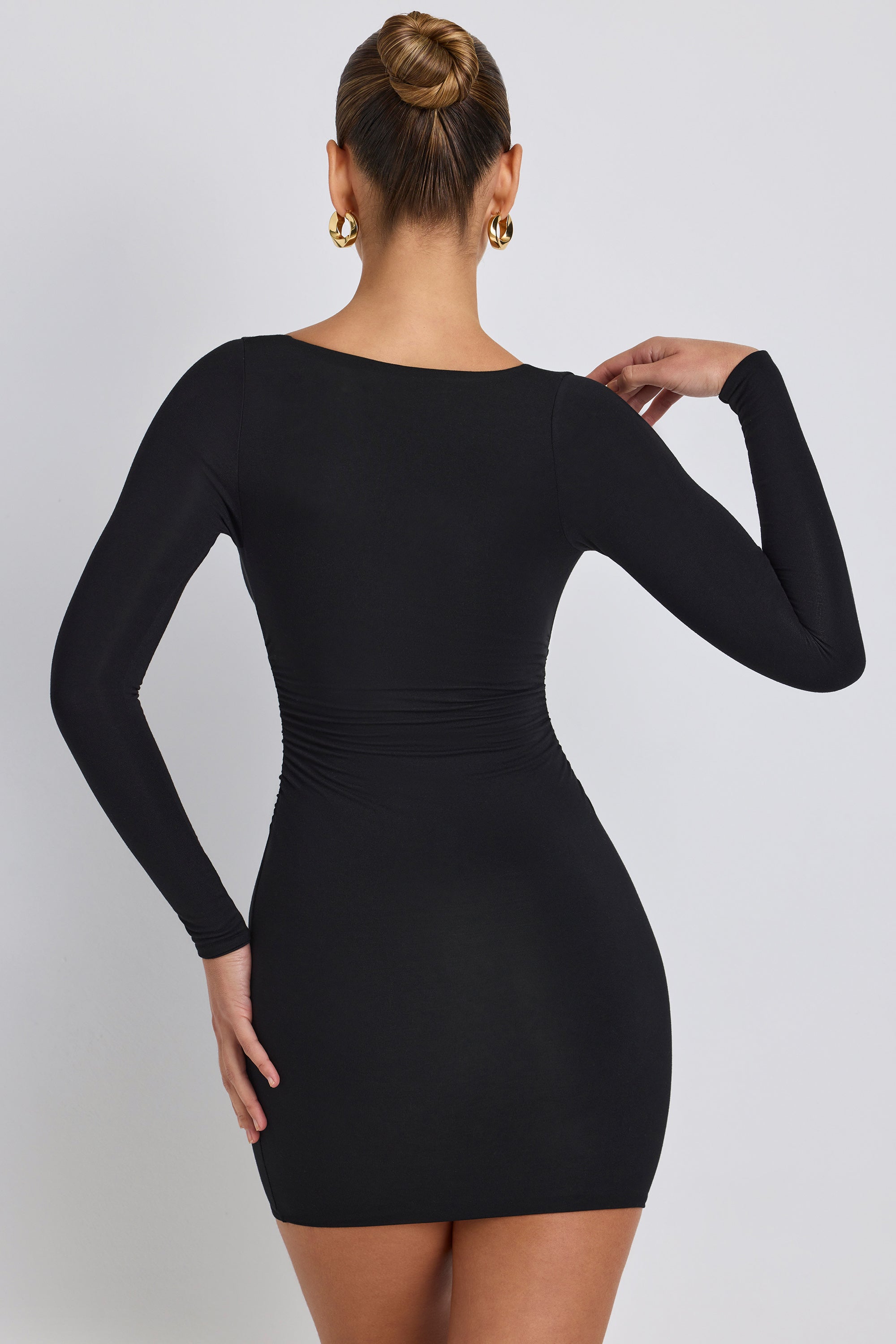 Sana Modal Ruched Long-Sleeve Mini Dress in Black - Image 2