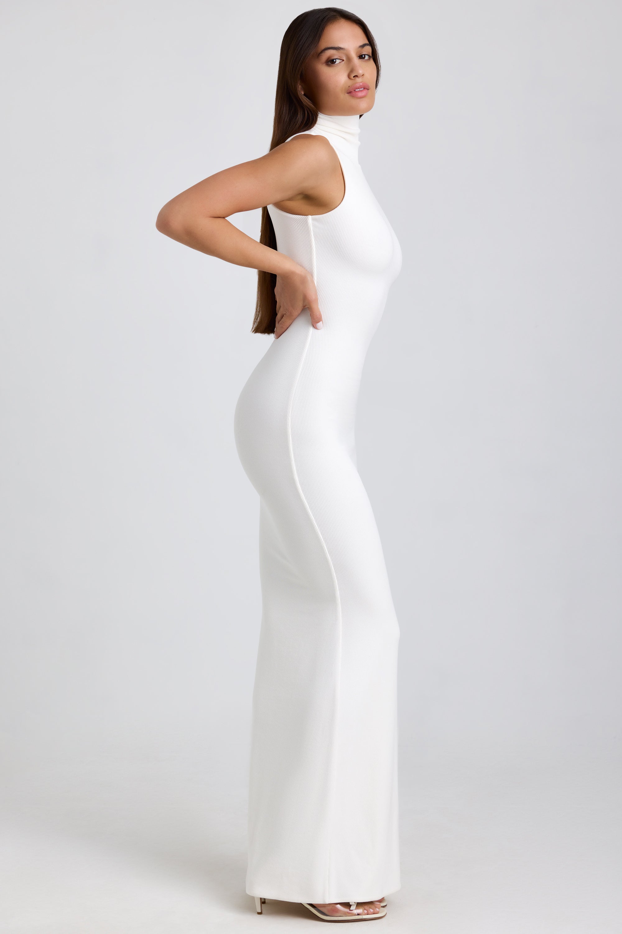 Rosa Ribbed Modal Turtleneck Maxi Dress in White - Image 3