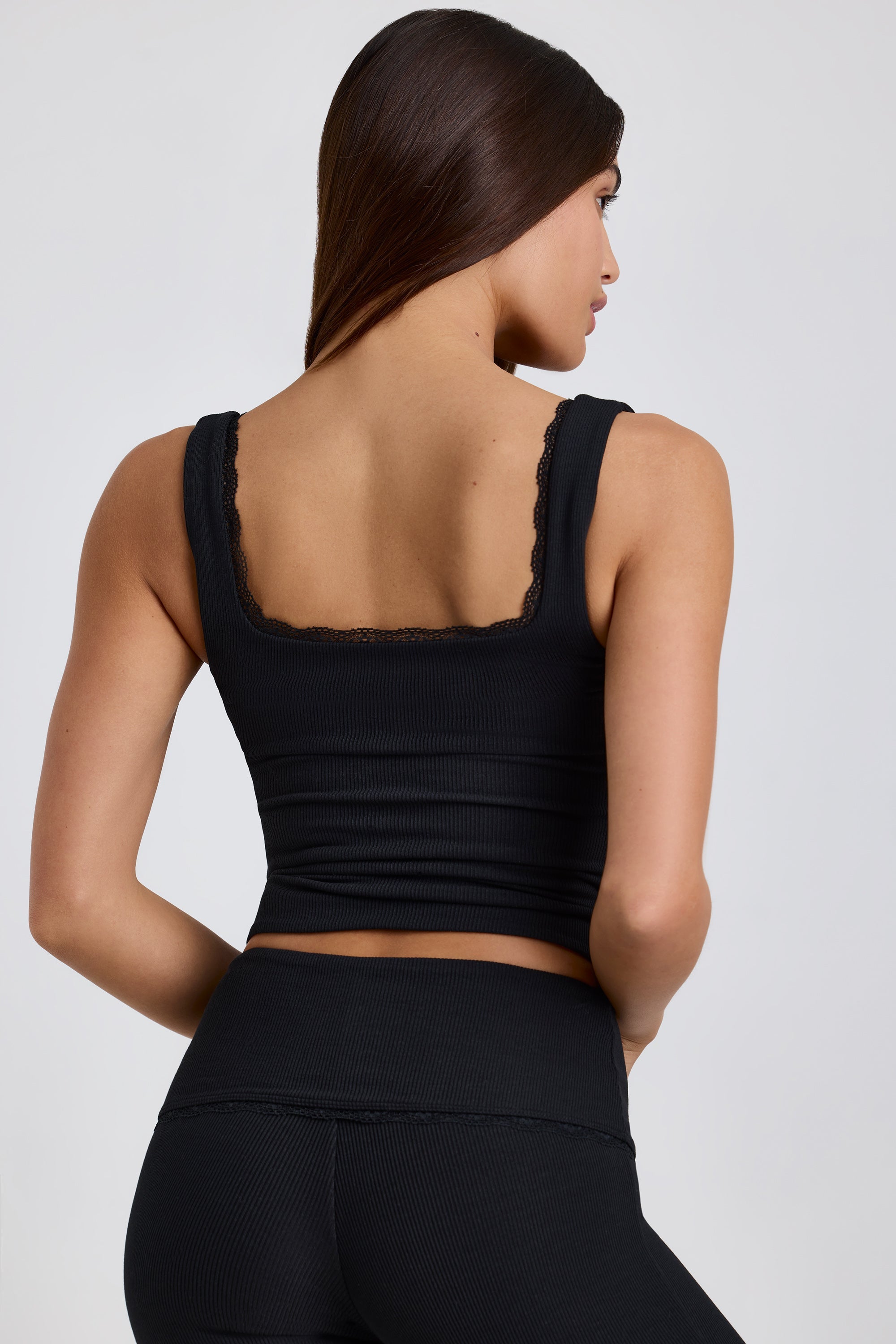 Casta Ribbed Modal Lace-Trim Tank Top in Black - Image 2