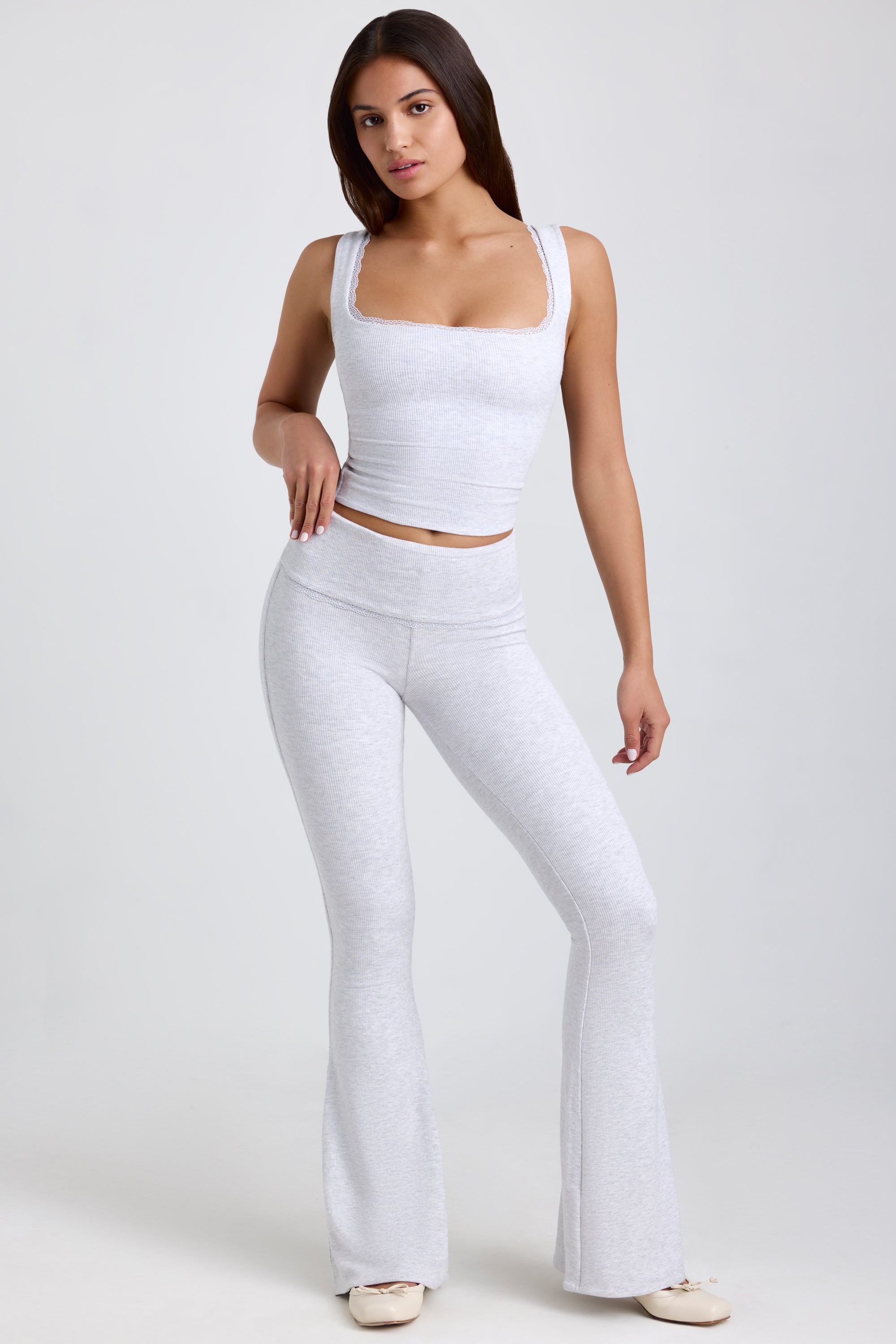 Jules Tall Ribbed Modal Mid-Rise Foldover Flared Trousers in Grey