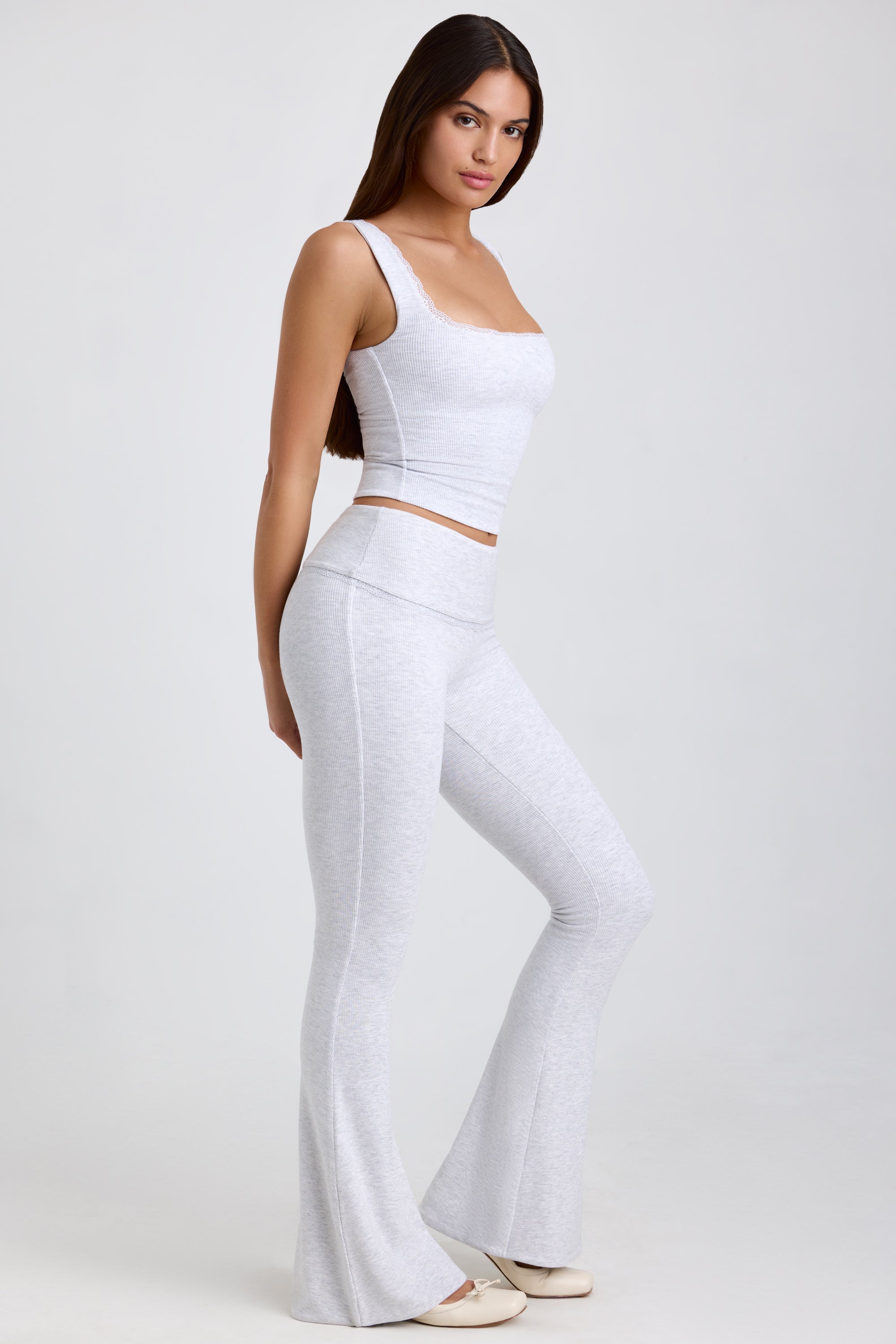 Jules Petite Ribbed Modal Mid-Rise Foldover Flared Trousers in Grey - Image 3