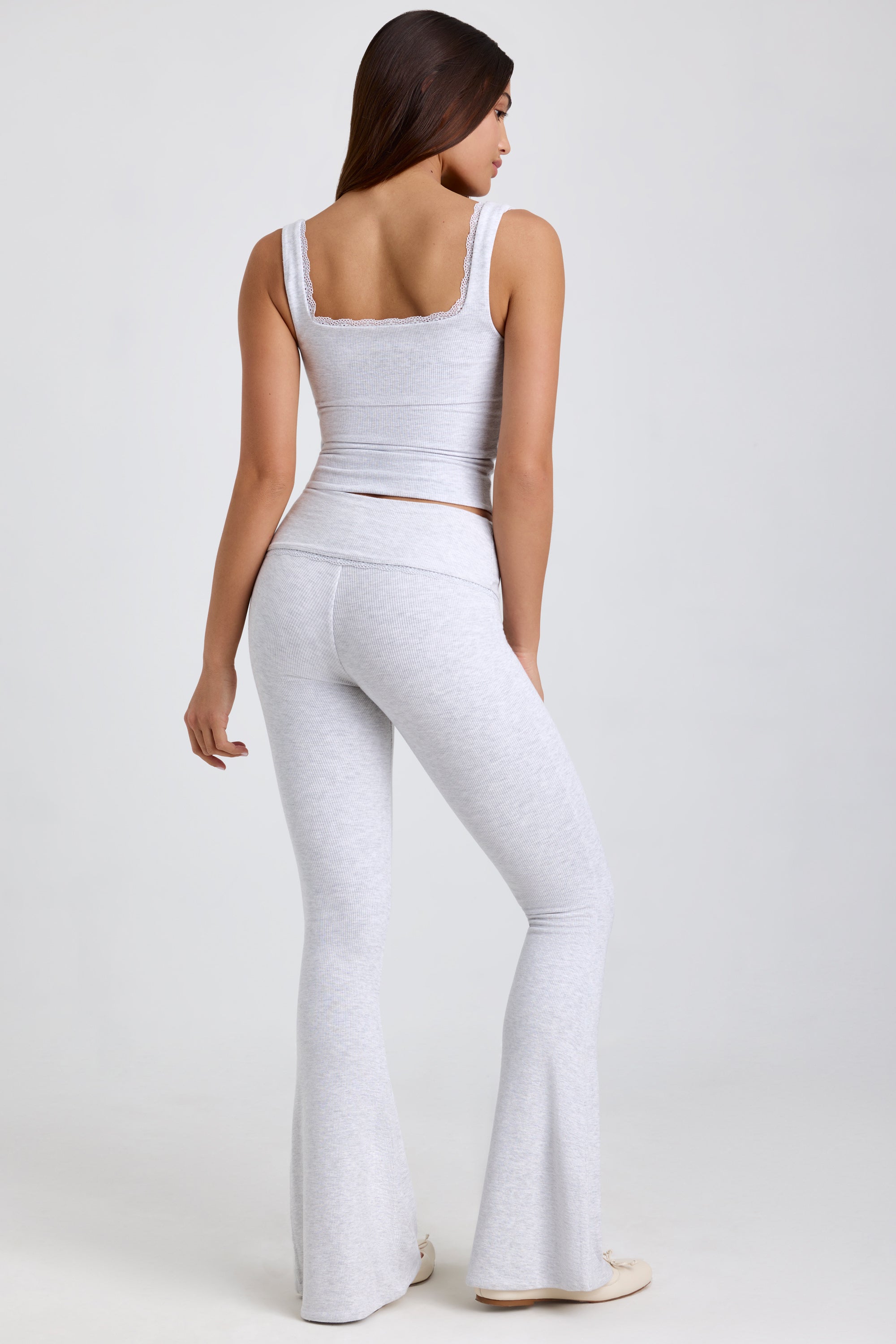 Jules Petite Ribbed Modal Mid-Rise Foldover Flared Trousers in Grey - Image 2
