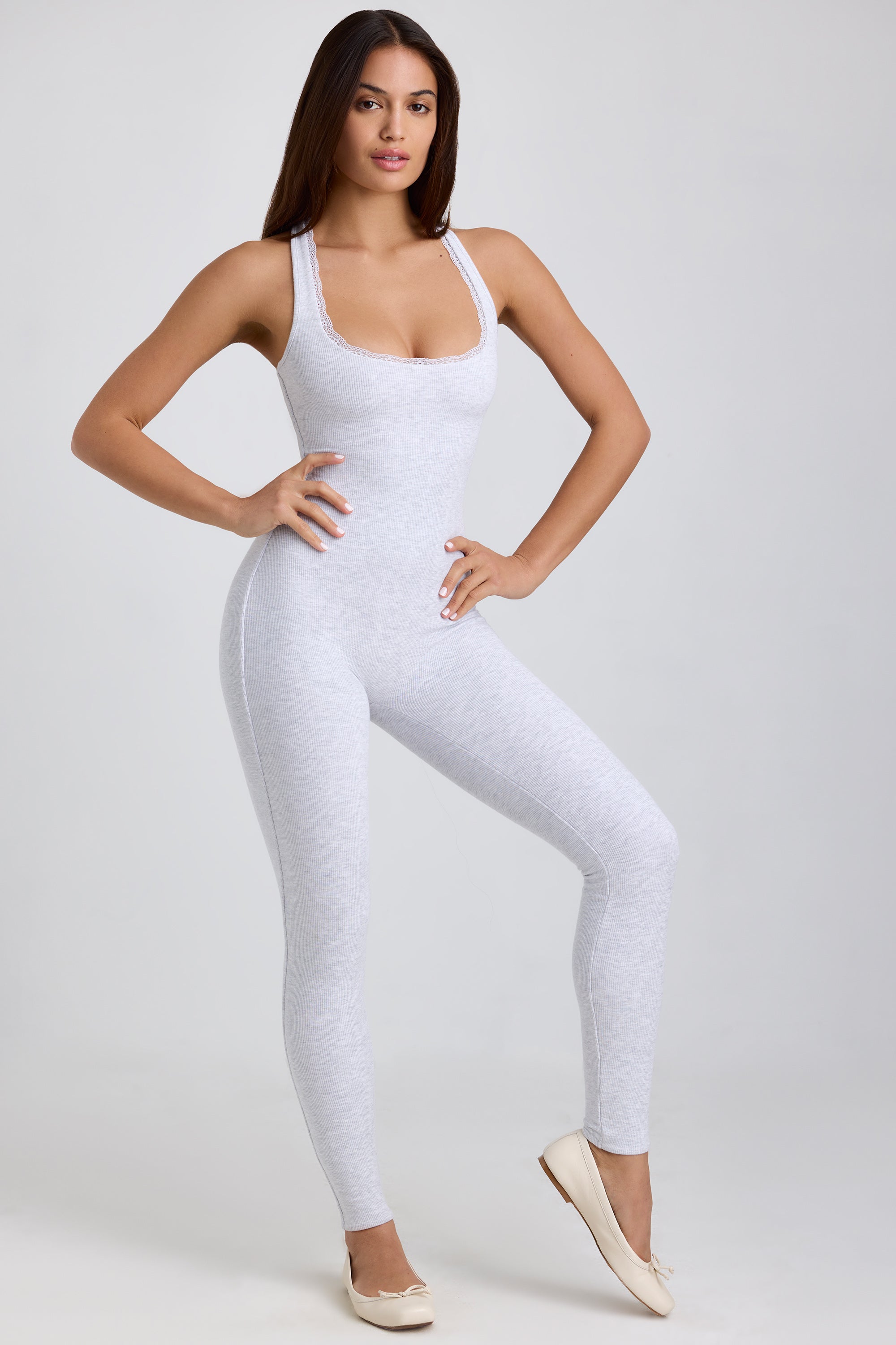 Ulla Tall Ribbed Modal Lace-Trim Jumpsuit in Grey - Image 6