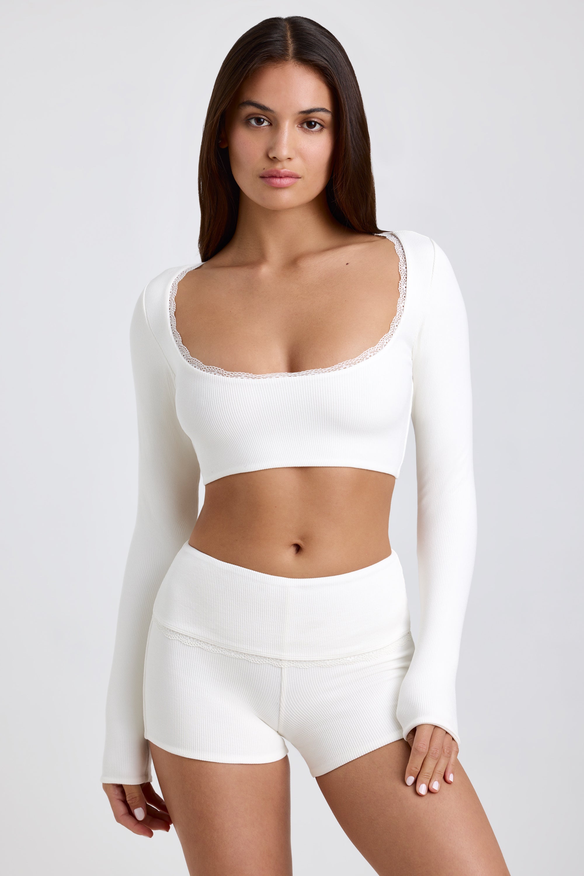 Calla Ribbed Modal Lace-Trim Crop Top in White - Image 5