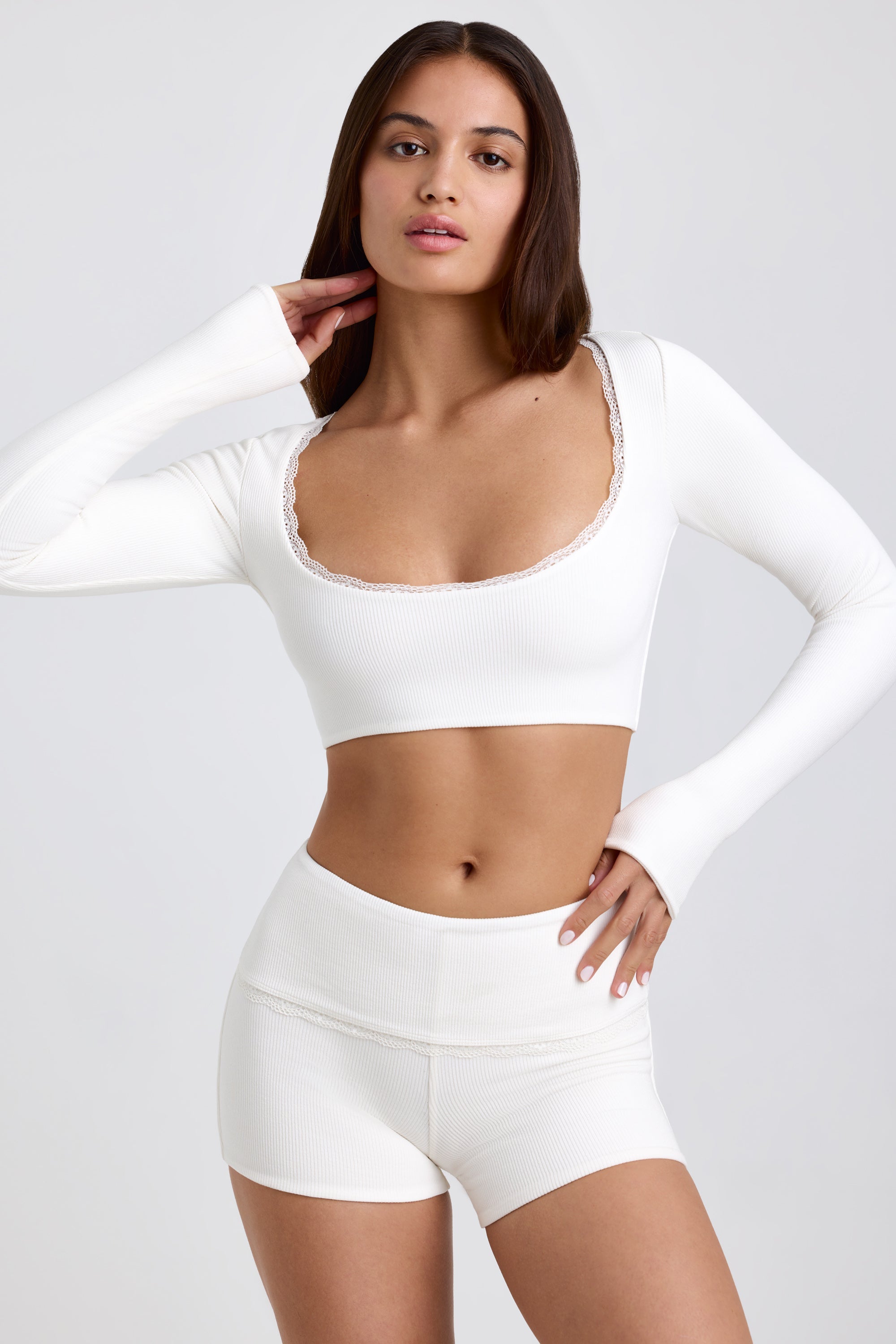 Calla Ribbed Modal Lace-Trim Crop Top in White - Image 6