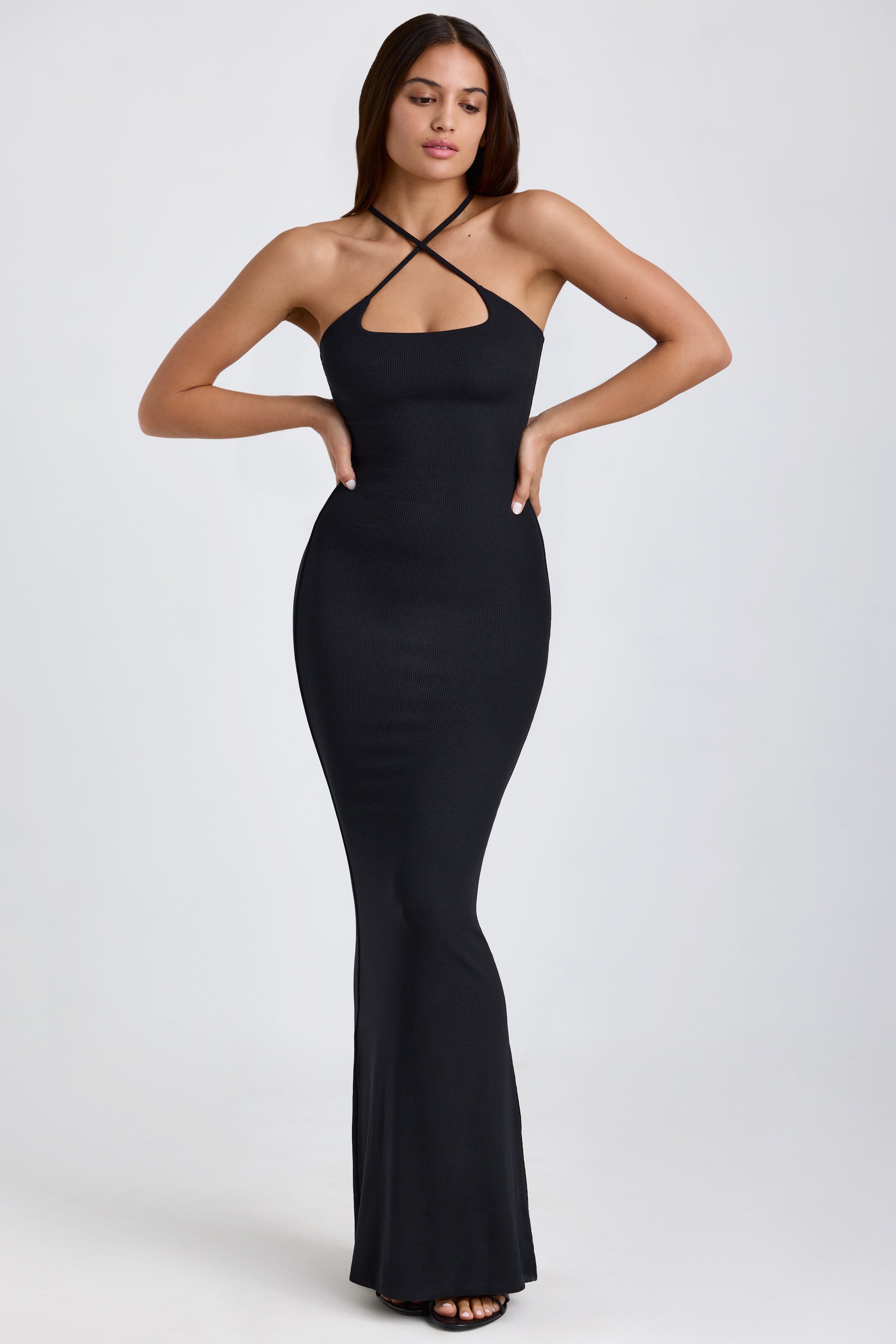 Elora Ribbed Modal Halterneck Maxi Dress in Black - Image 5