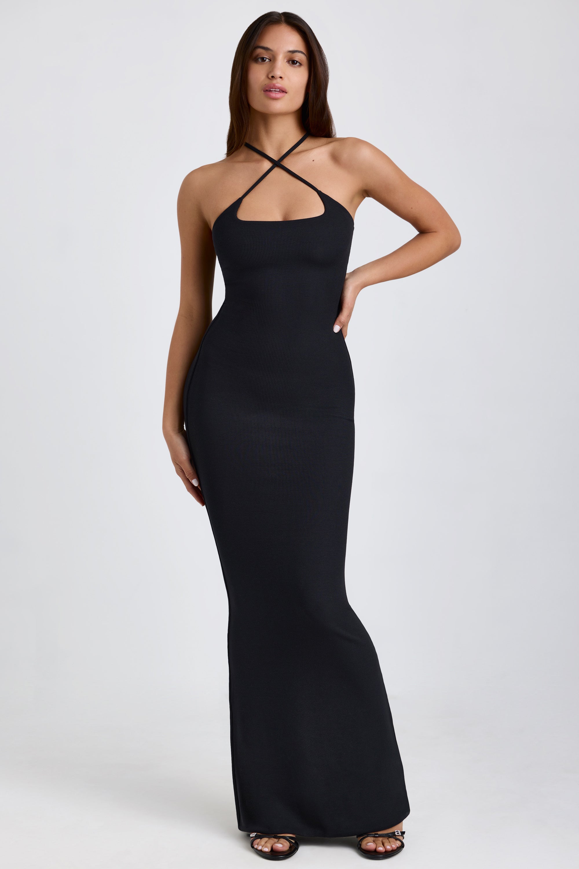 Elora Ribbed Modal Halterneck Maxi Dress in Black - Image 6