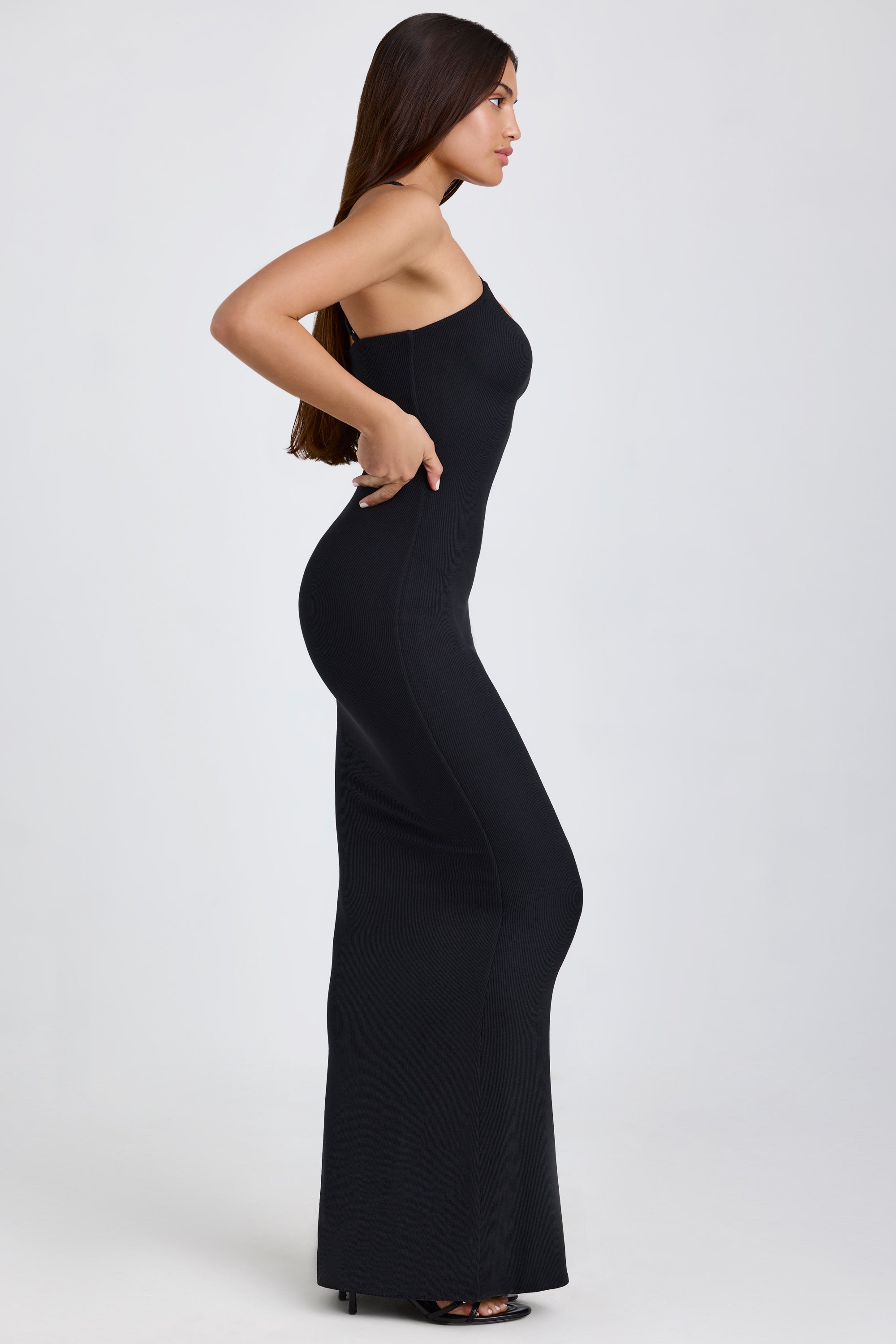 Elora Ribbed Modal Halterneck Maxi Dress in Black - Image 3