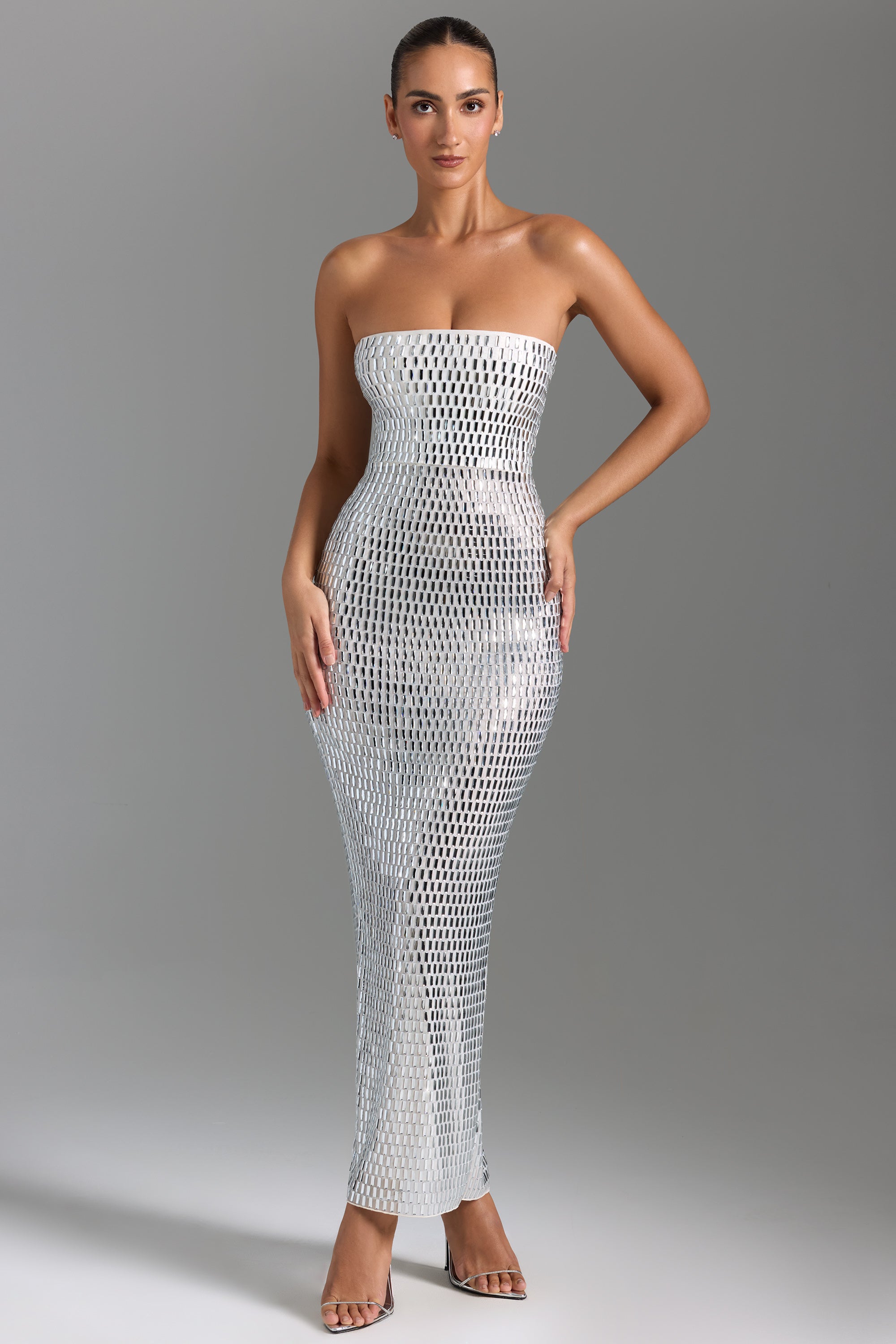 Amaya Embellished Bandeau Maxi Dress in White - Image 8