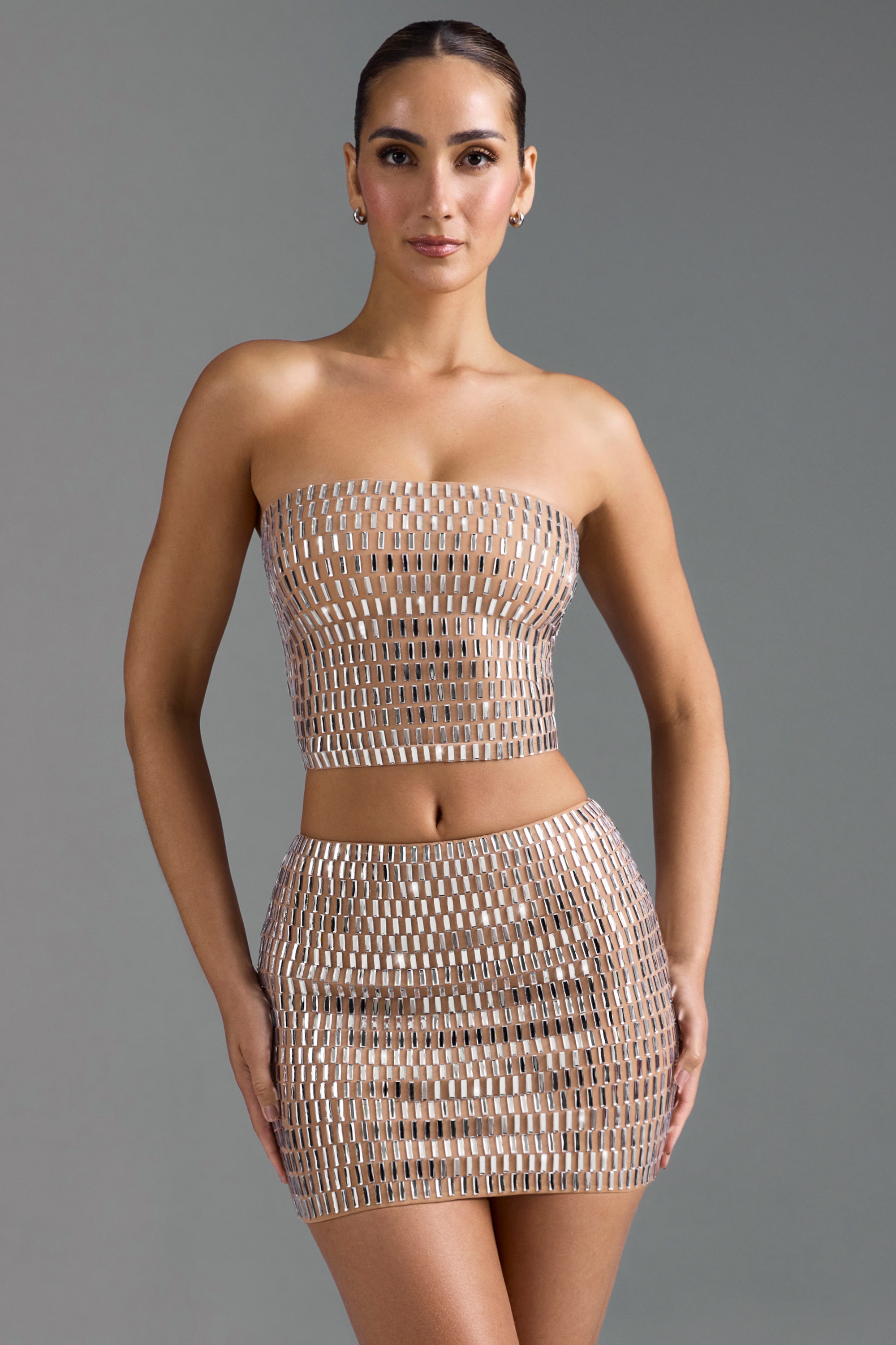 Adaia Embellished Low-Rise Micro Mini Skirt in Almond - Image 5