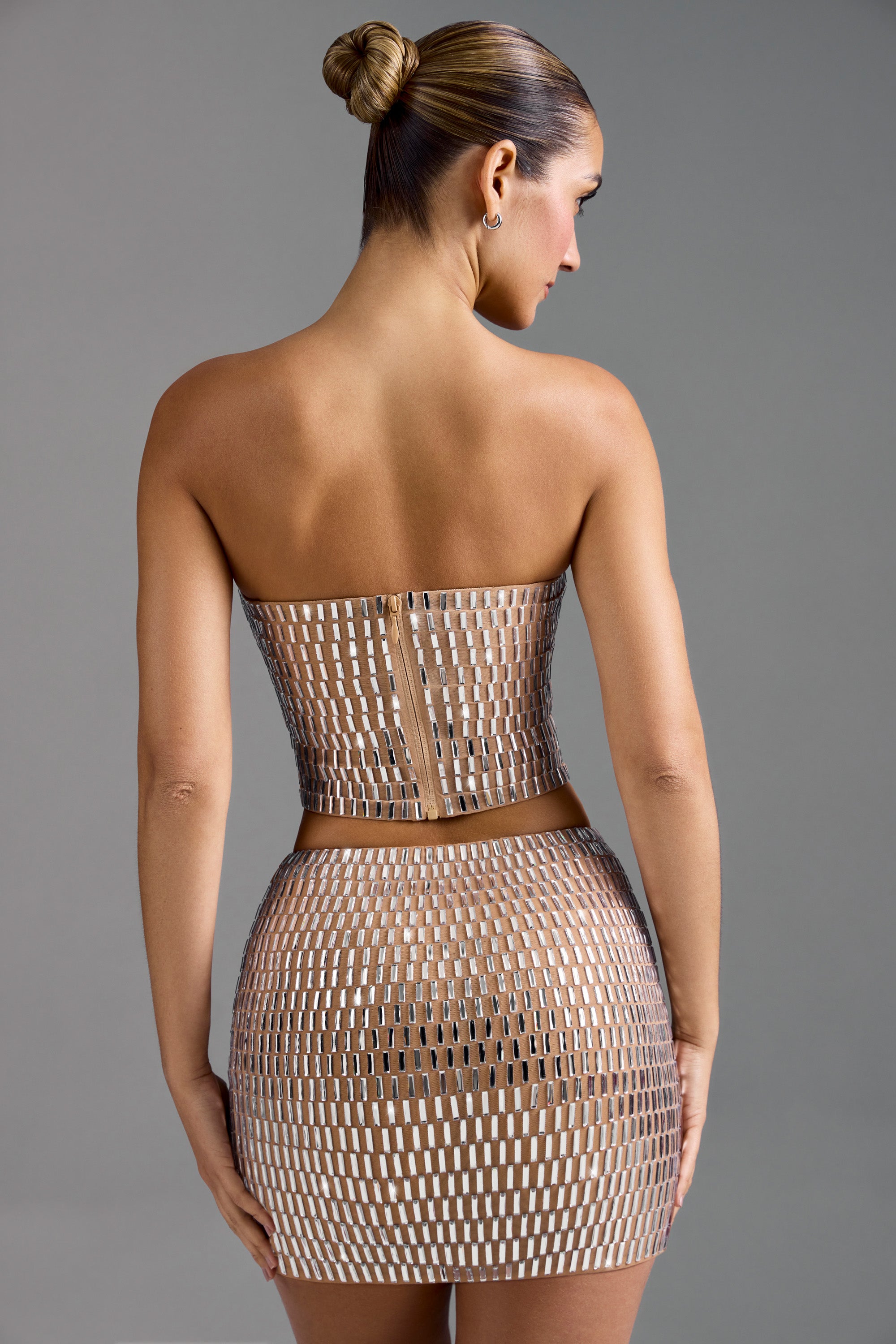 Adaia Embellished Low-Rise Micro Mini Skirt in Almond - Image 2
