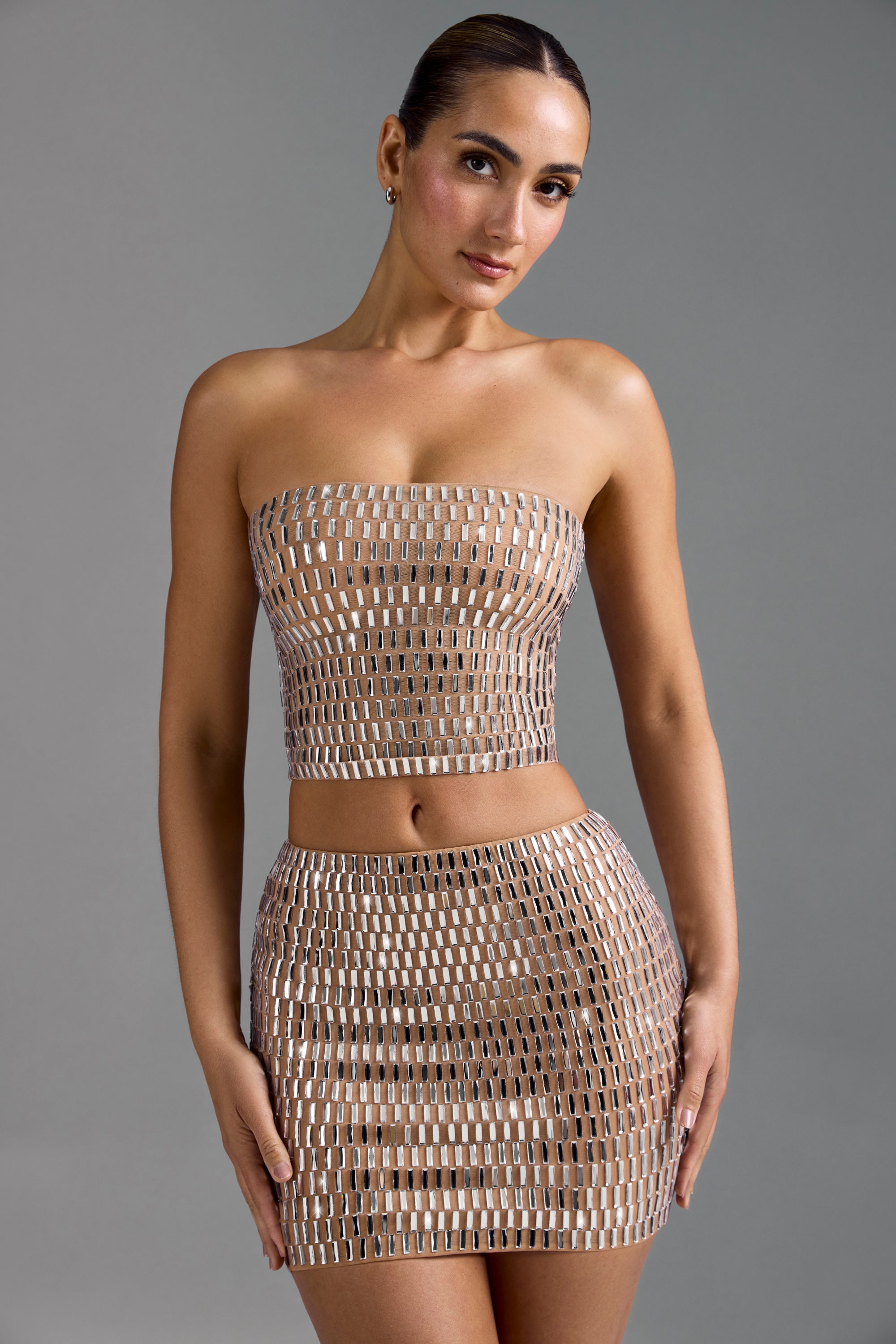 Adaia Embellished Low-Rise Micro Mini Skirt in Almond - Image 7