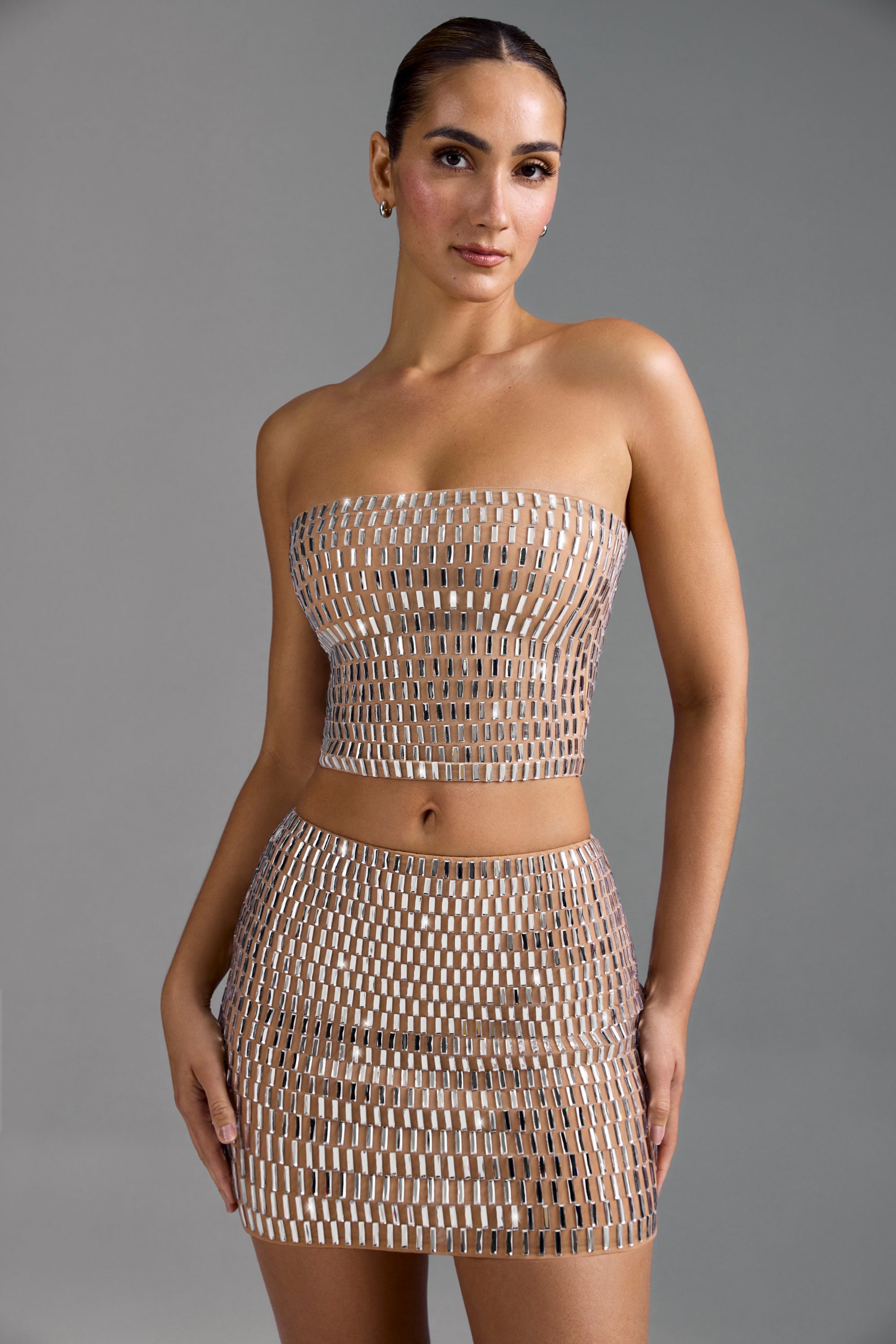 Adaia Embellished Low-Rise Micro Mini Skirt in Almond - Image 8