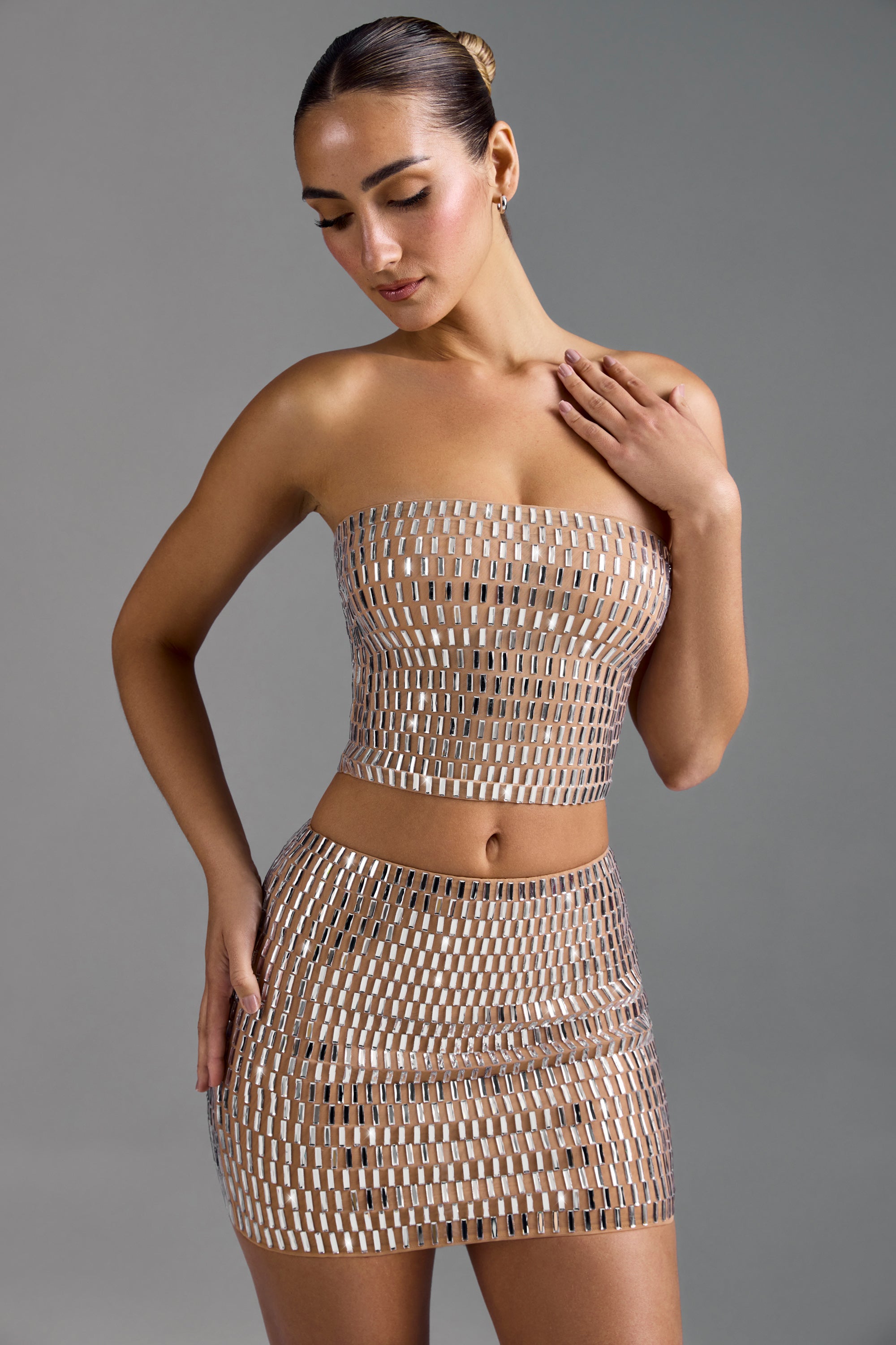 Adaia Embellished Low-Rise Micro Mini Skirt in Almond - Image 9