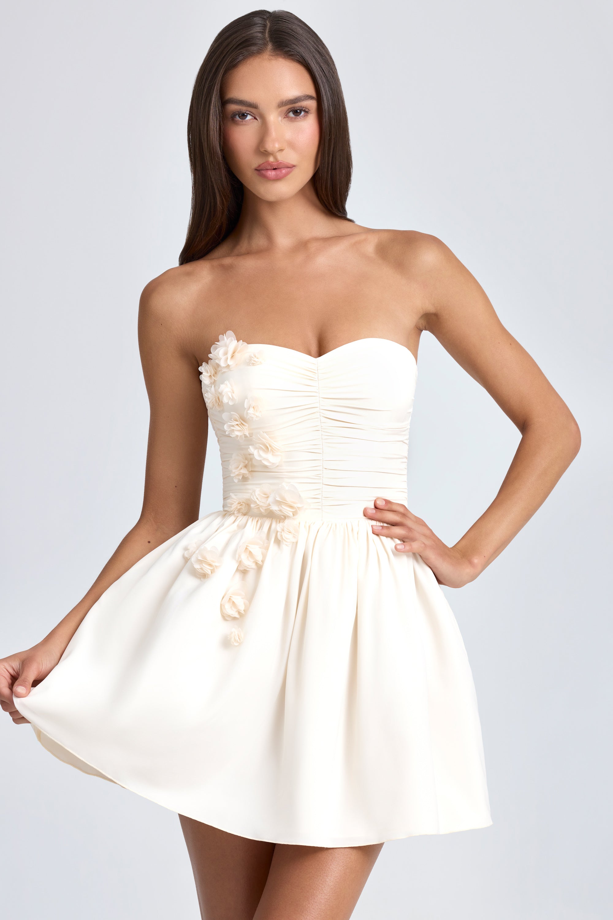 Bandeau Floral-Appliqu?? Corset Mini Dress in Ivory