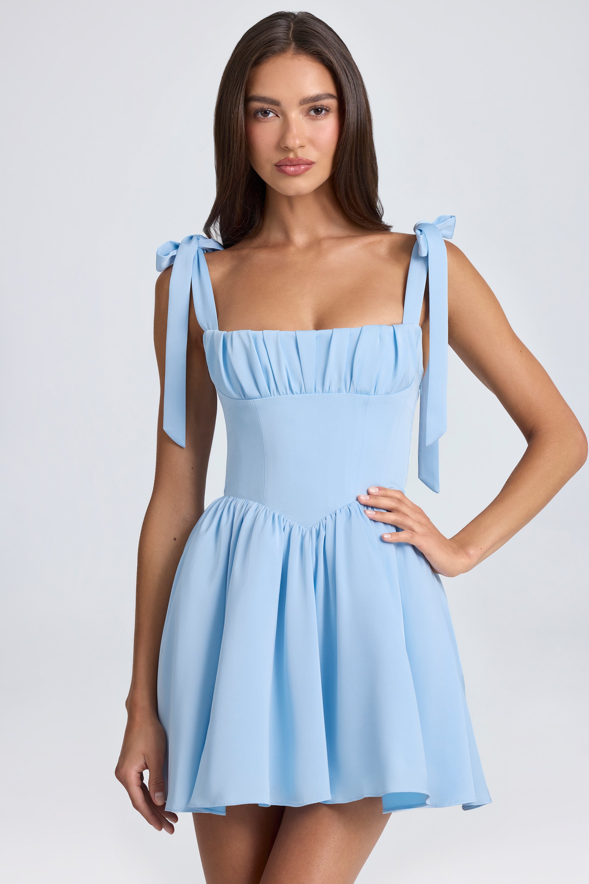 Draped Corset Mini Dress in Powder Blue - Image 6